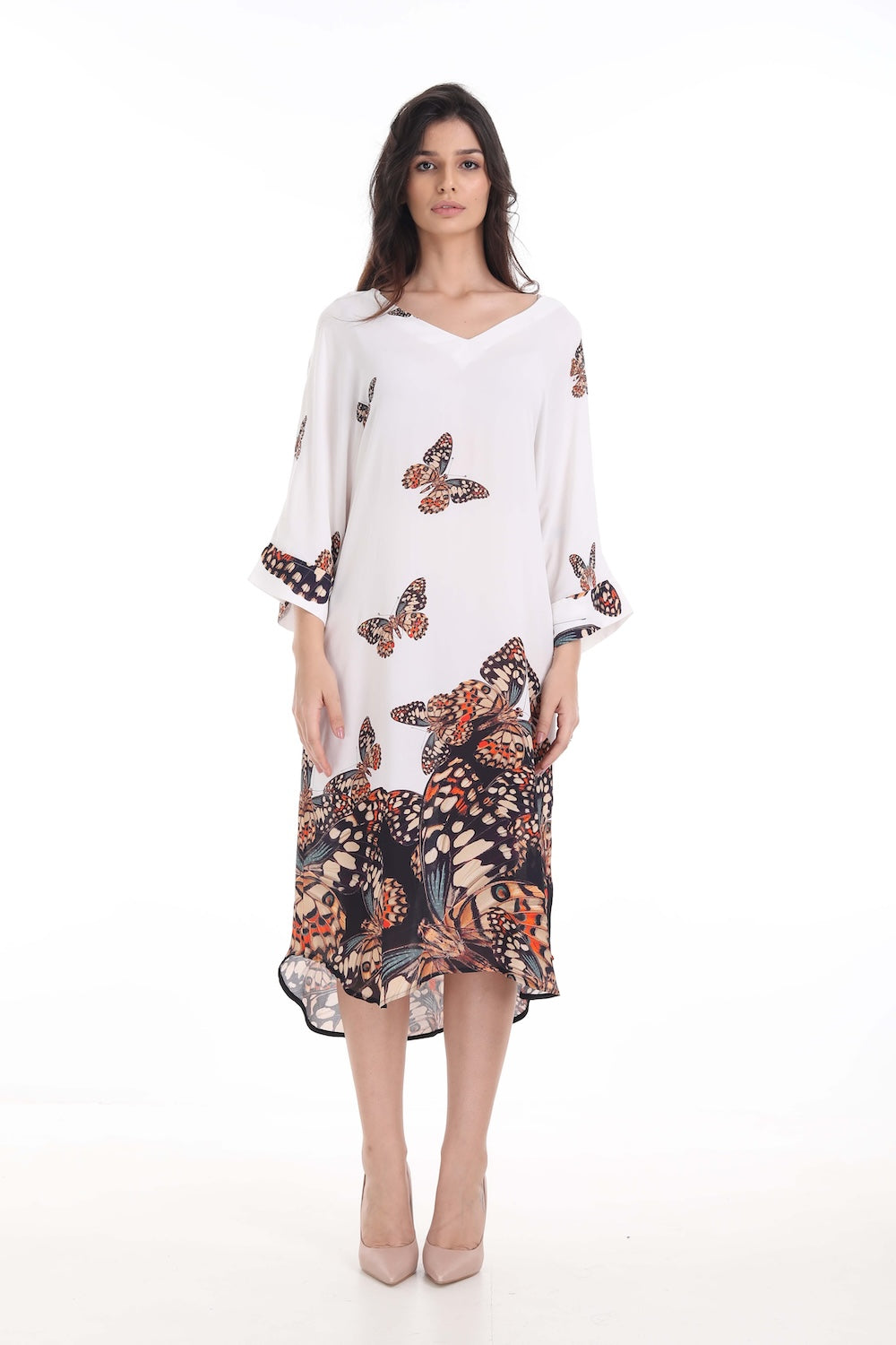 Front view of the Orange, White & Black Corasone Midi Dress With Short Sleeve (TheSwankStore) Soft Viscose fabric