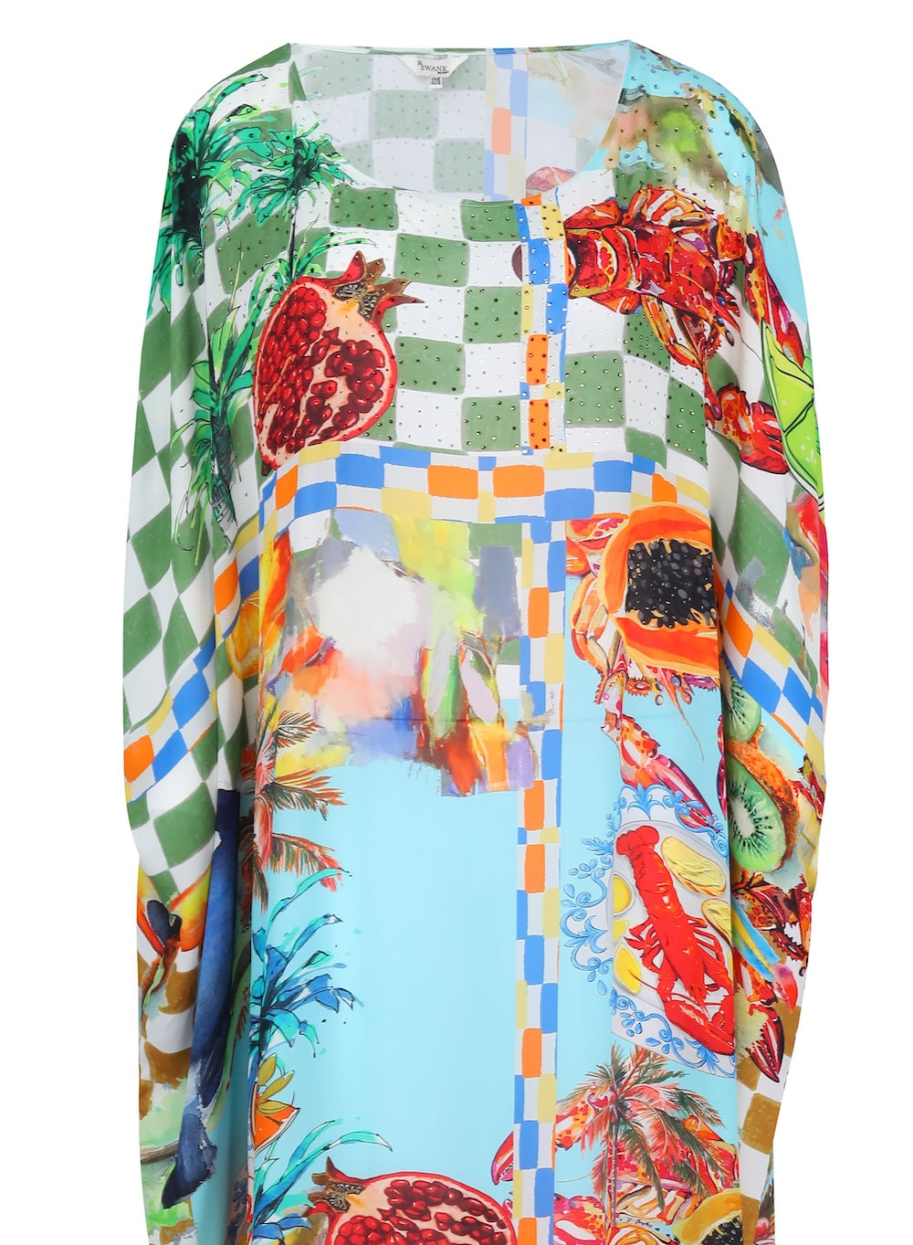 Front view of the Green, Yellow and Orange Lucciano Box Kaftan (TheSwankStore) Soft Viscose fabric