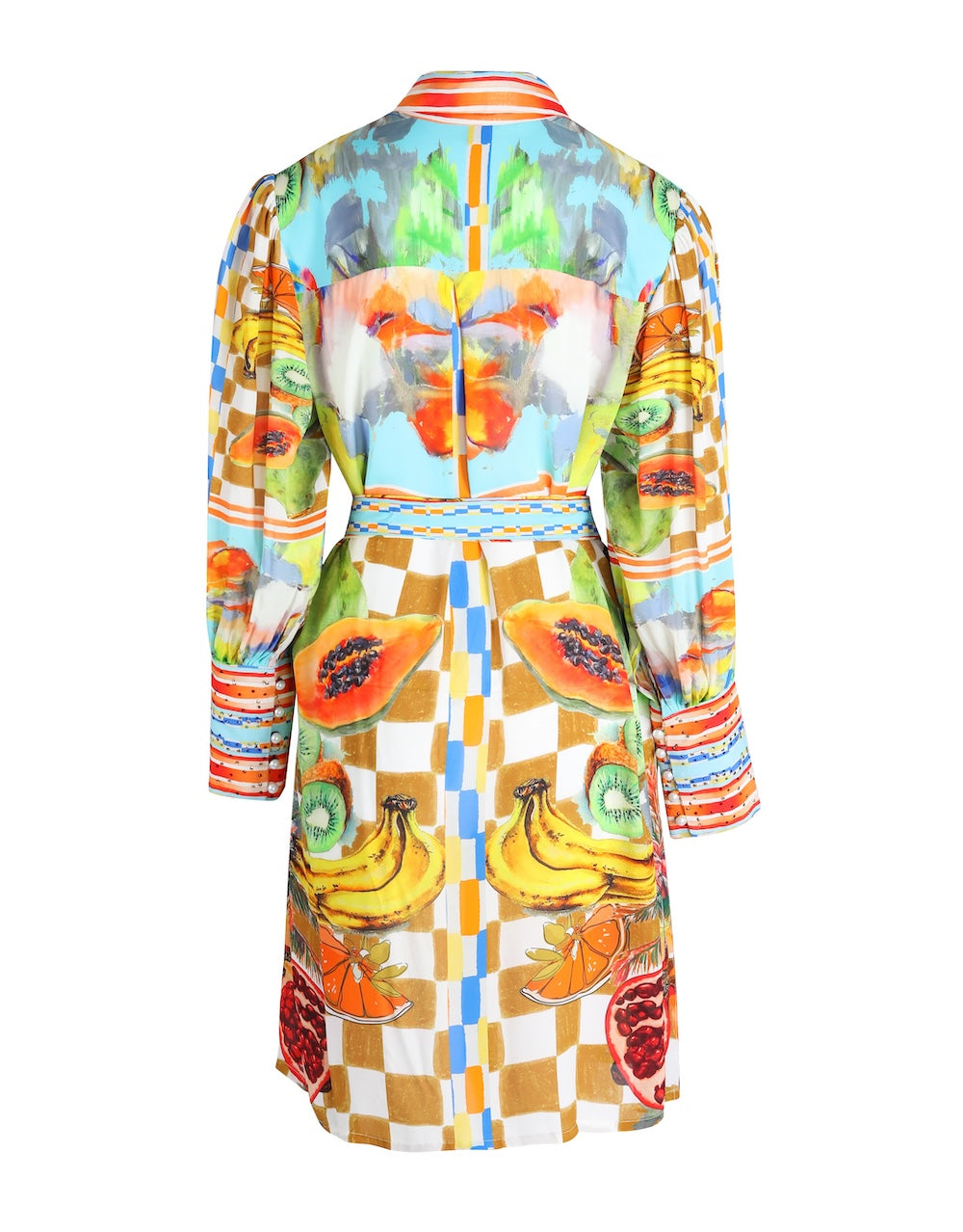 Back view of the Green, Yellow and Orange Lucciano Shirt Dress (TheSwankStore) Soft Viscose fabric
