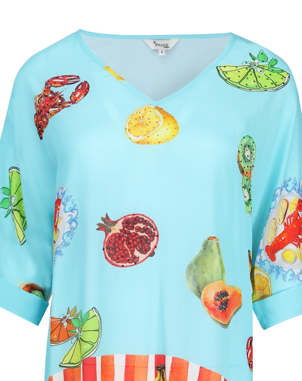 Front view of the Green, Yellow and Orange Lucciano Kaftan Top (Shorter Style) (TheSwankStore) Soft Viscose fabric