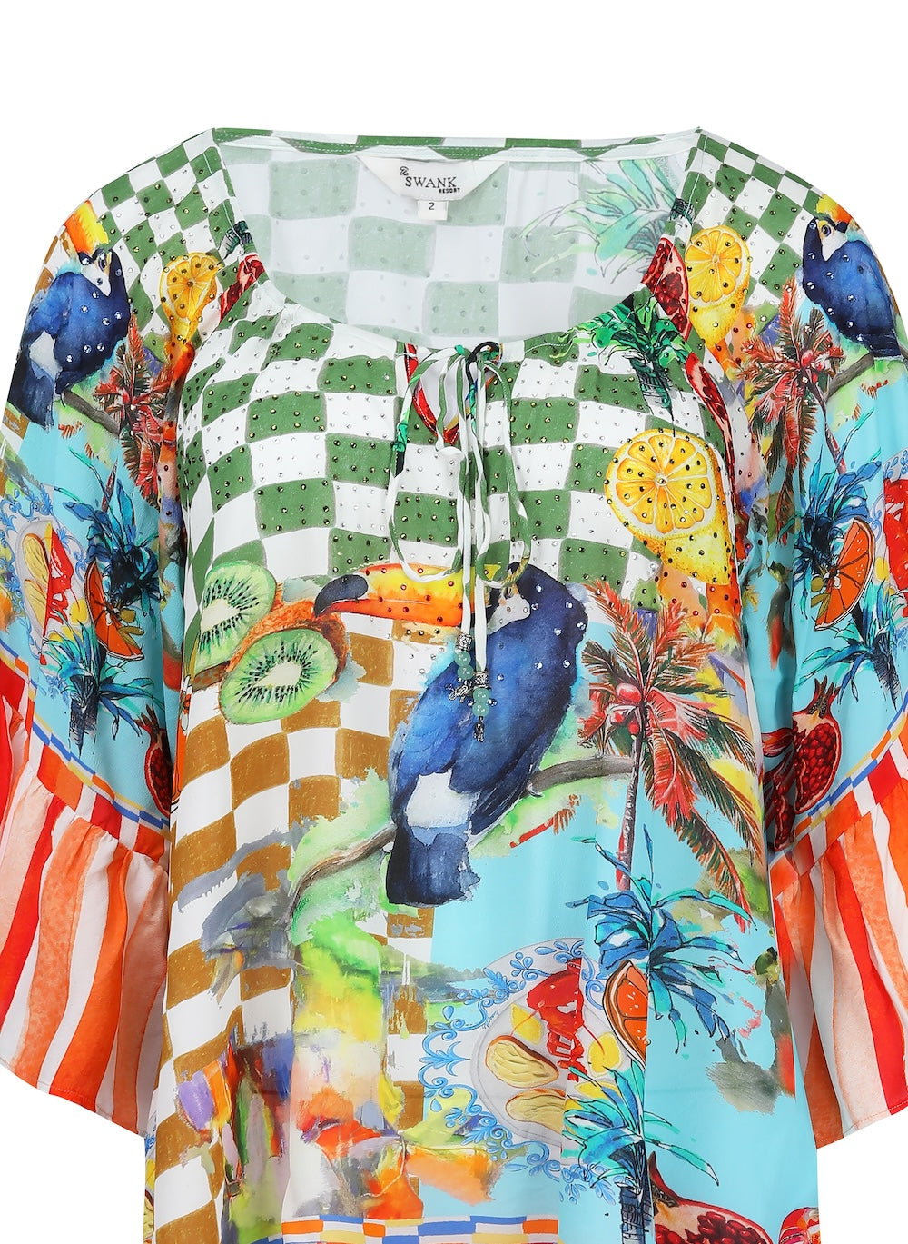Front view of the Green, Yellow and Orange Lucciano Gypsy Tunic (TheSwankStore) Soft Viscose fabric