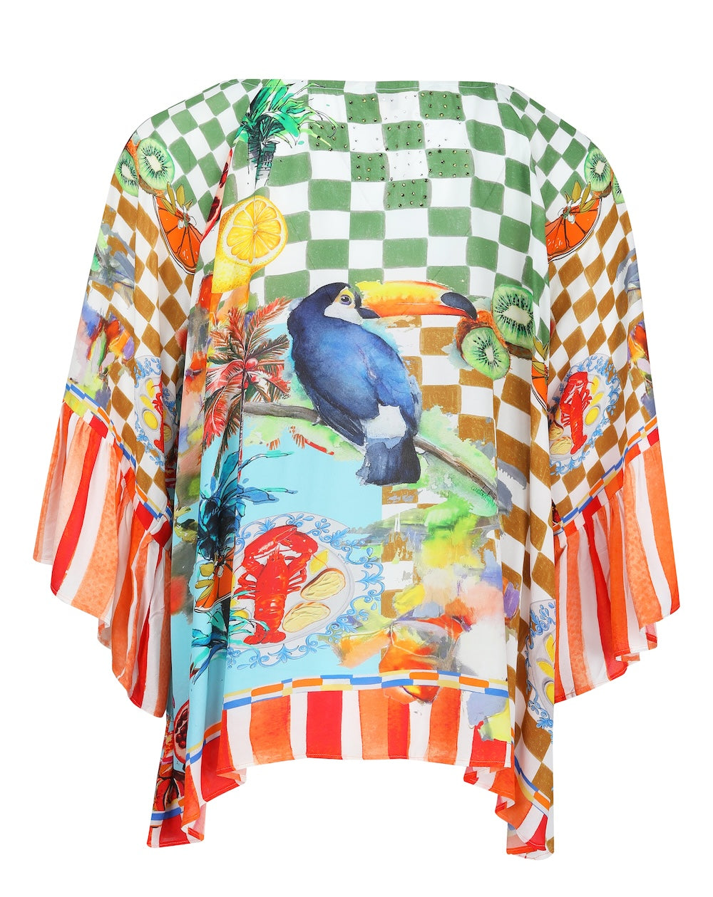 Back view of the Green, Yellow and Orange Lucciano Gypsy Tunic (TheSwankStore) Soft Viscose fabric