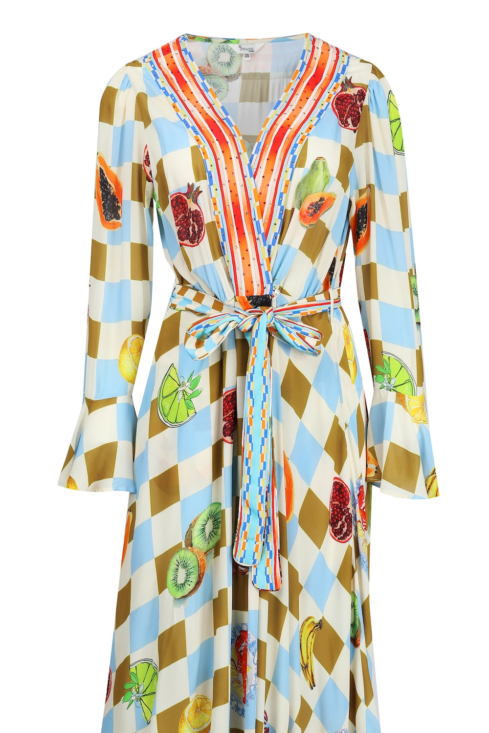 Front view of the Green, Yellow and Orange Lucciano Luxe Robe Gown (TheSwankStore) Soft Viscose fabric
