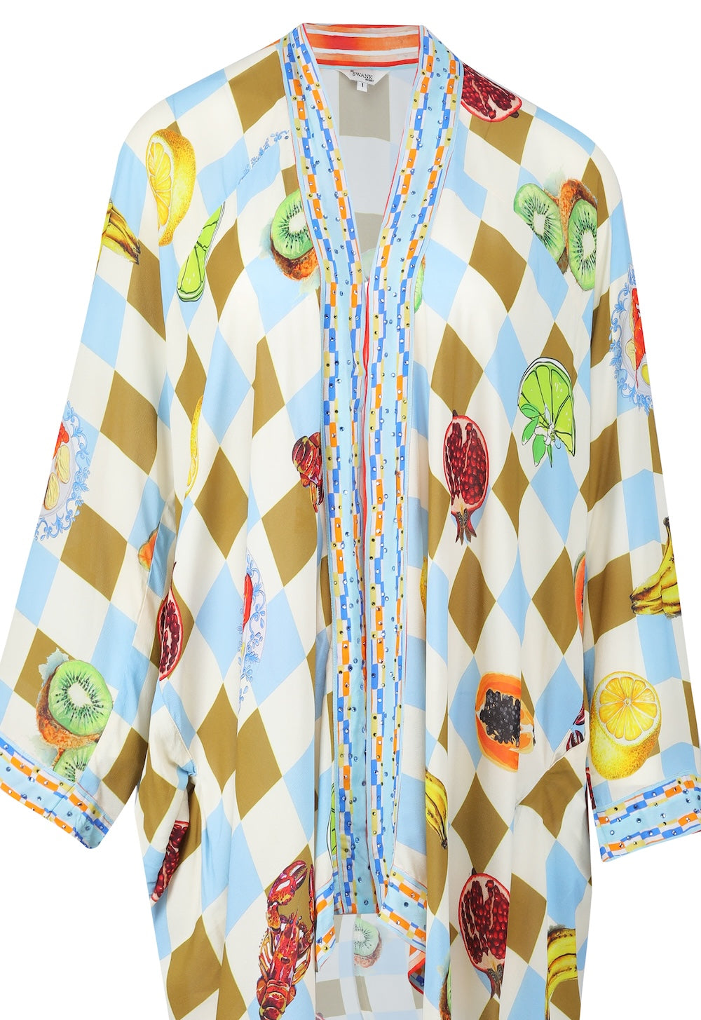 Front view of the Green, Yellow and Orange Lucciano Kimono Shrug (Short) (TheSwankStore) Soft Viscose fabric