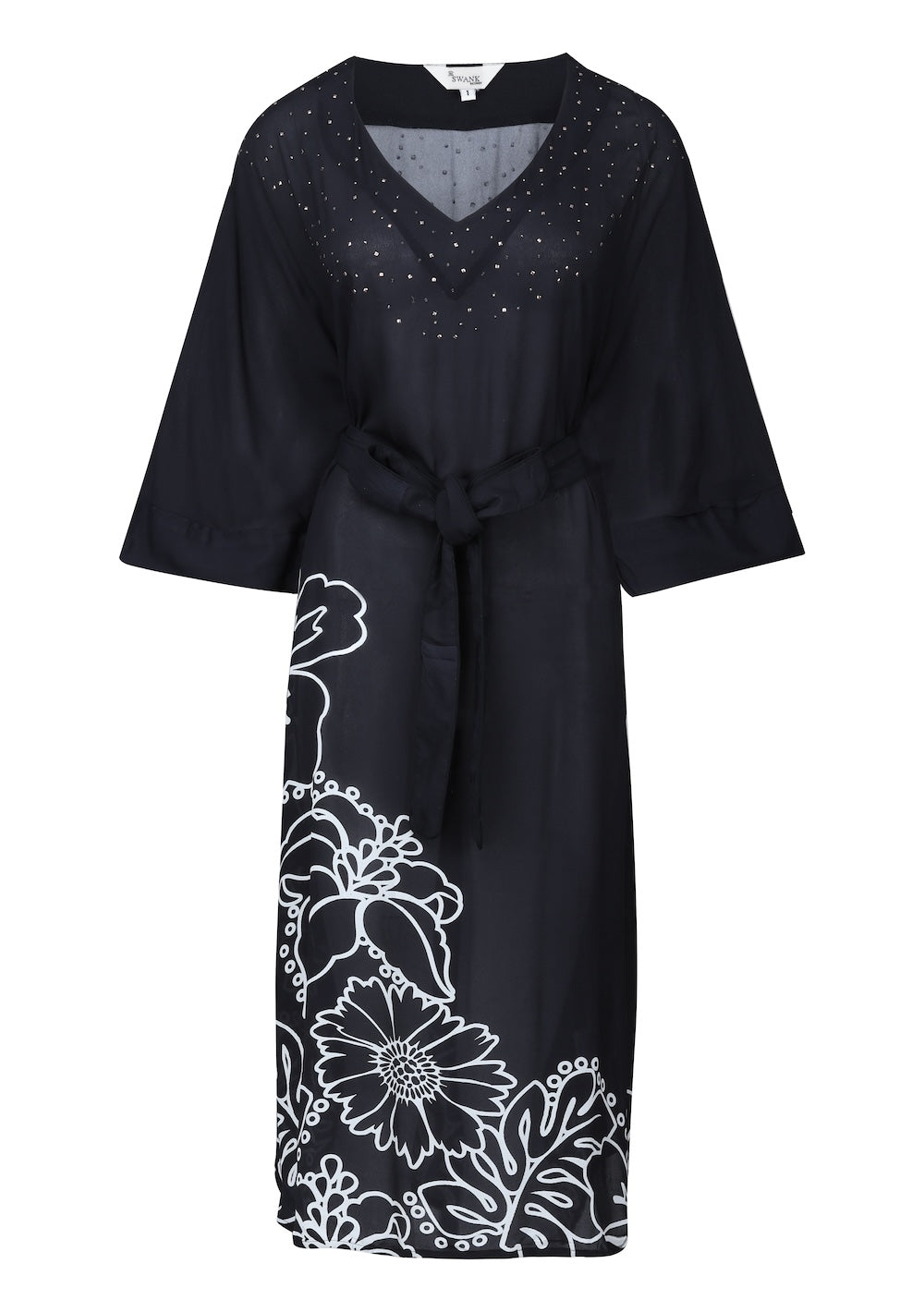 Black and white Avanti Midi Dress with Short Sleeve (TheSwankStore) Viscose Crepe fabric