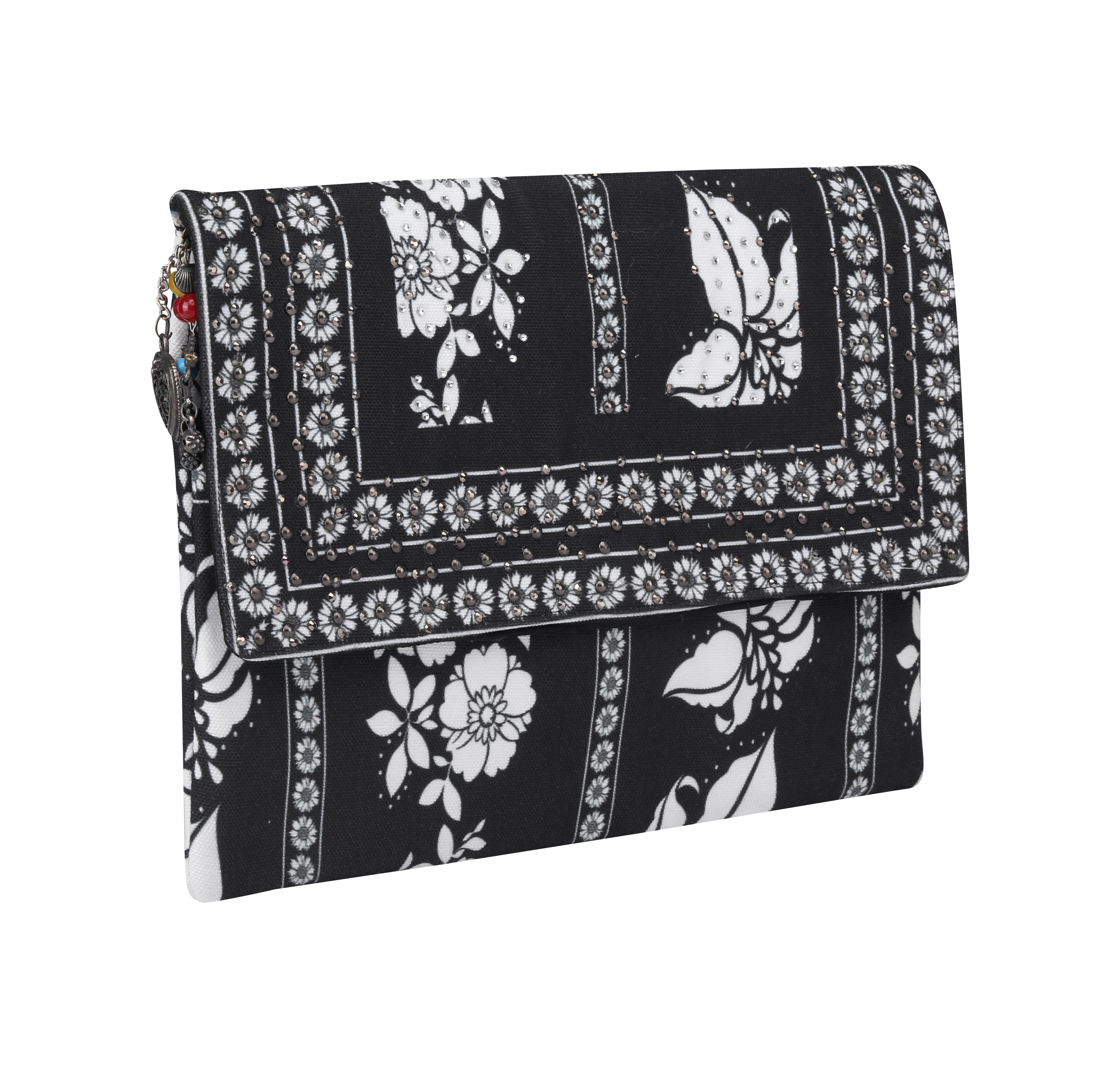 Side view of the black and white AVANTI - CLUTCH BAG Canvas fabric