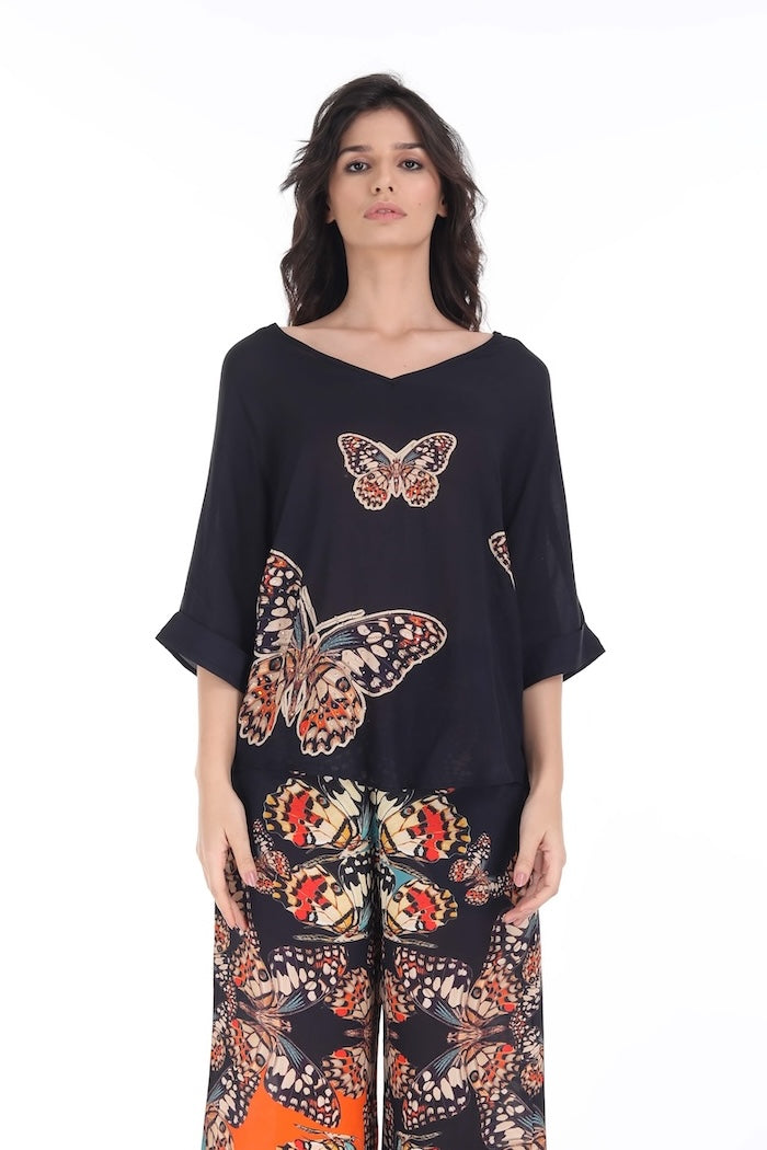 Front view of the Orange, White & Black Corasone Kaftan Top (TheSwankStore) Soft Viscose fabric