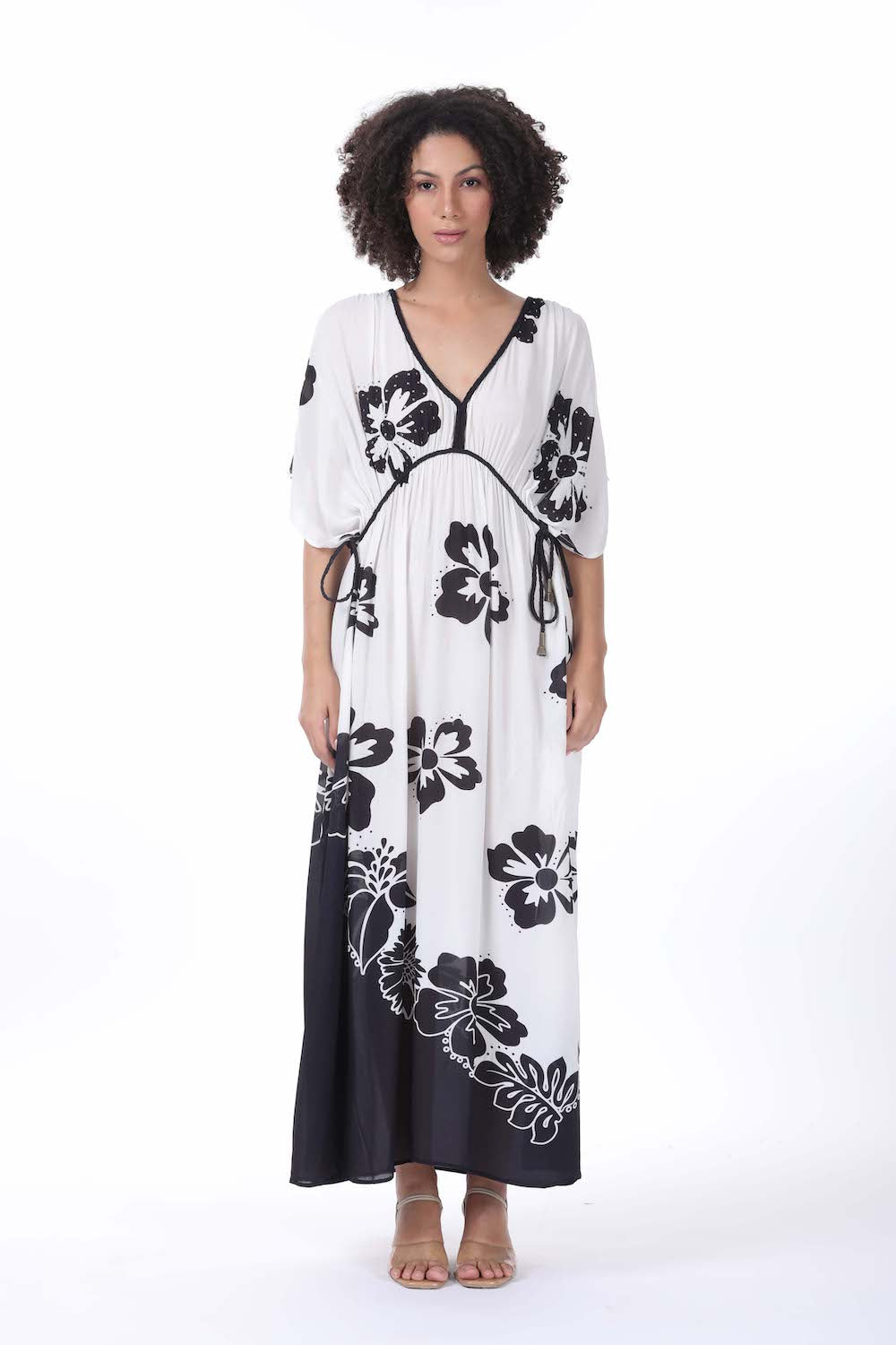 Front view of the black and white Avanti Long Kaftan (TheSwankStore) pure Viscose fabric