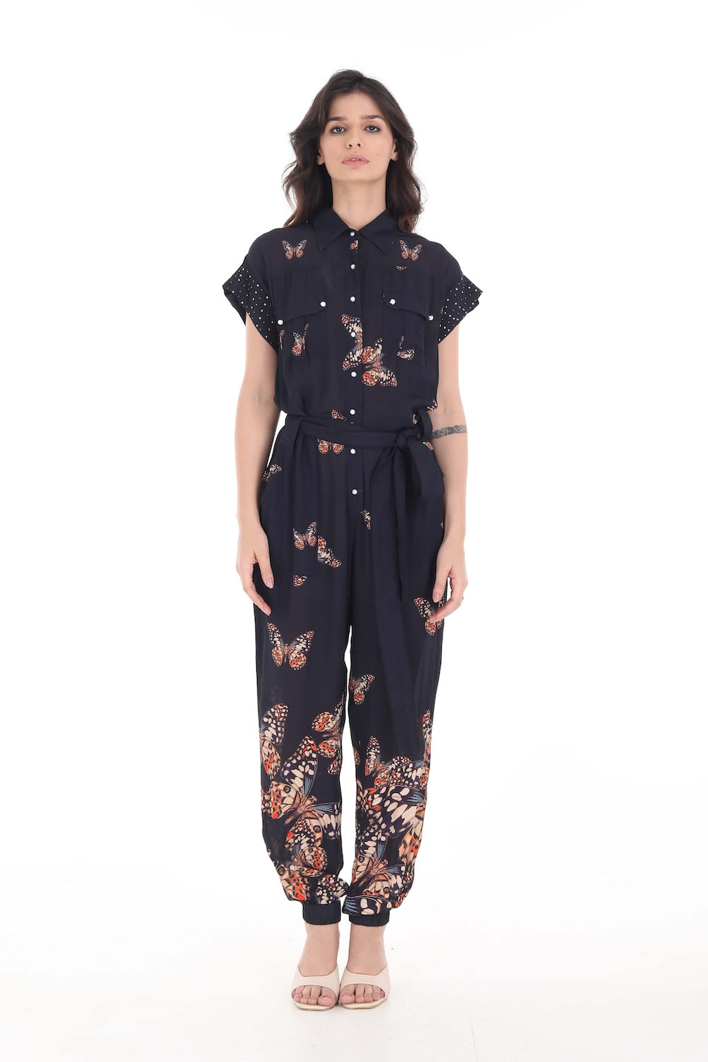 Front view of the Orange, White & Black Corasone Lena Jumpsuit (TheSwankStore) Soft Viscose fabric