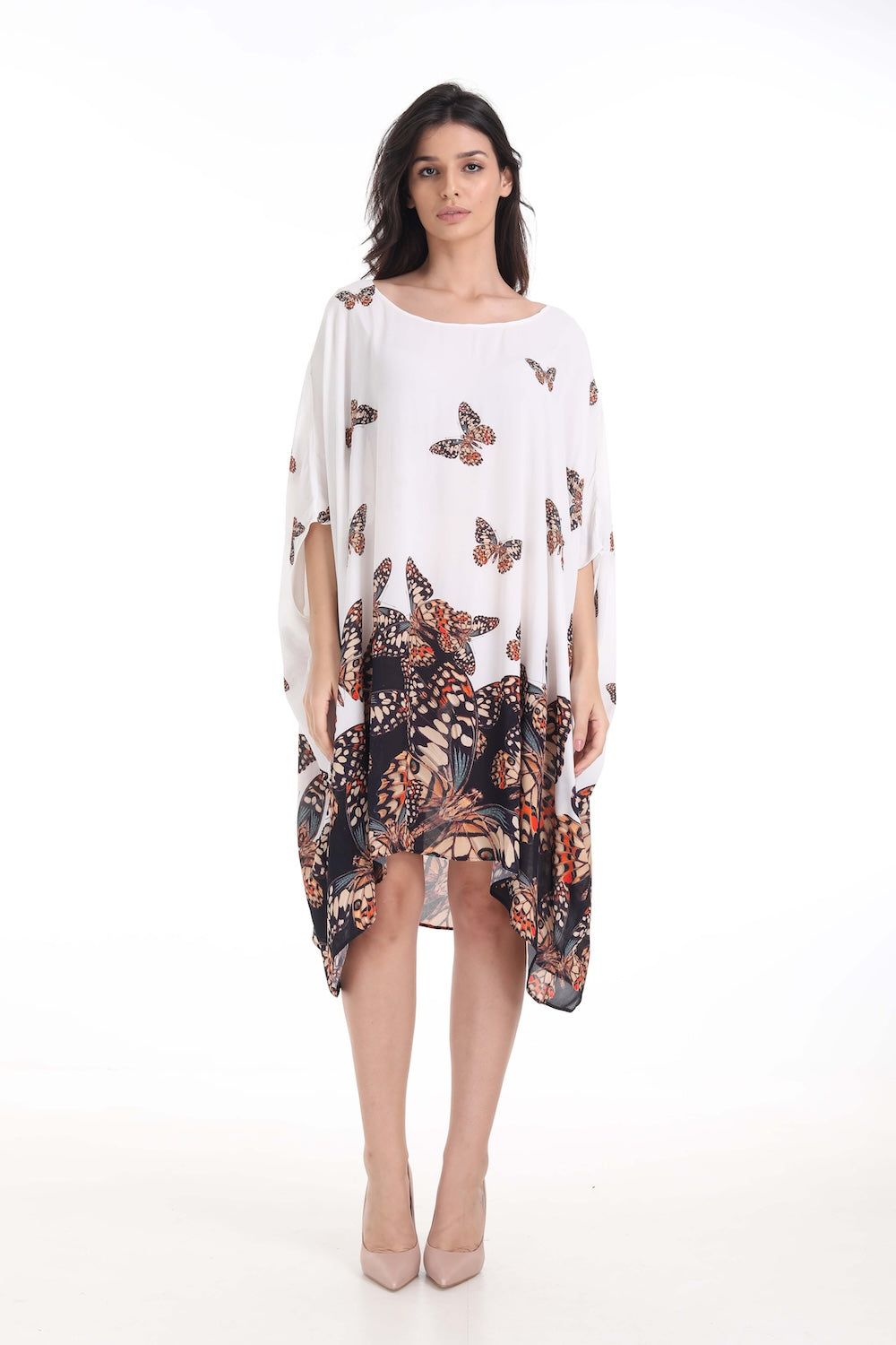 Front view of the Orange, White & Black Corasone Short Box Kaftan (TheSwankStore) Soft Viscose fabric