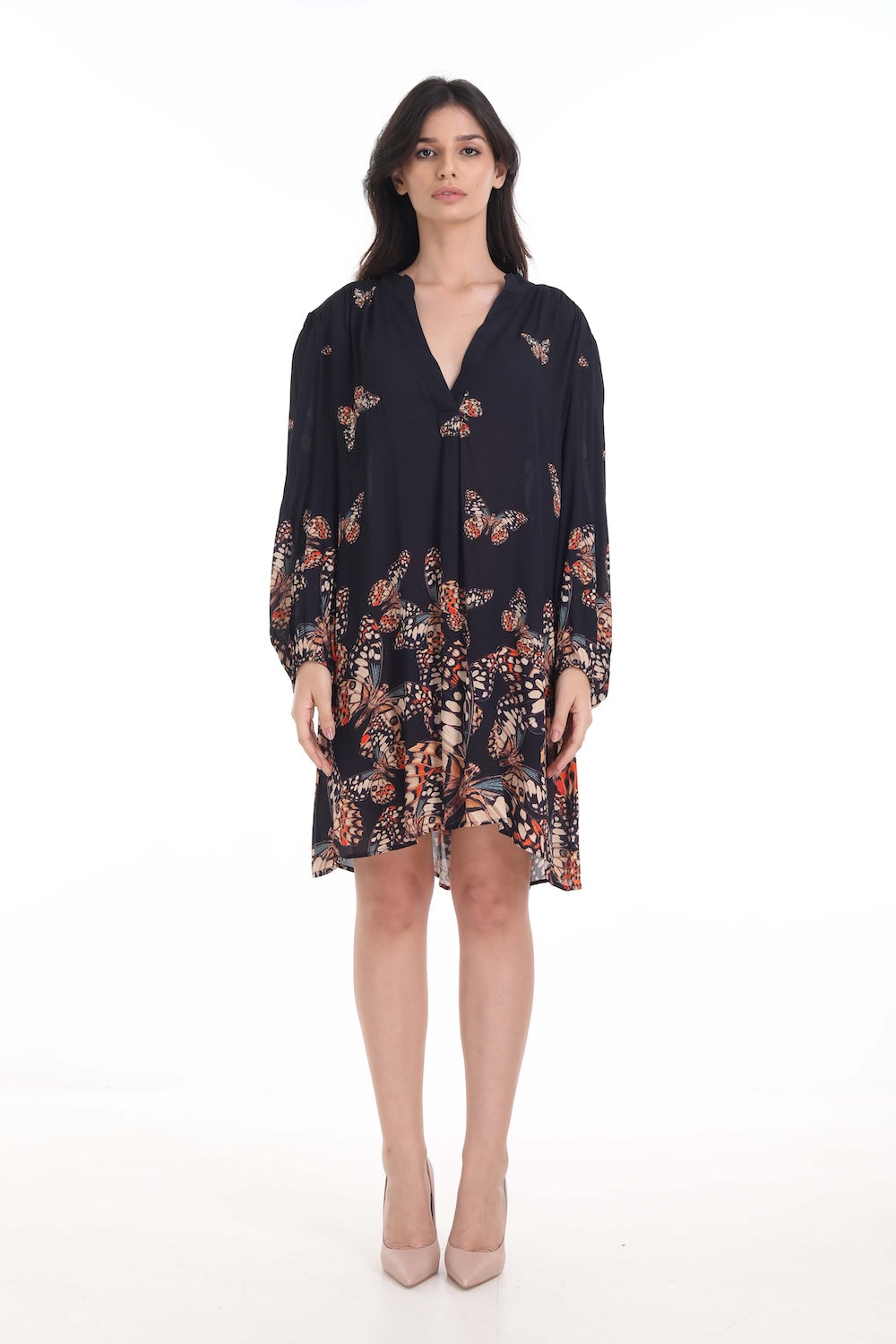 Front view of the Orange, White & Black Corasone Blouson Tunic Dress (TheSwankStore) Soft Viscose fabric