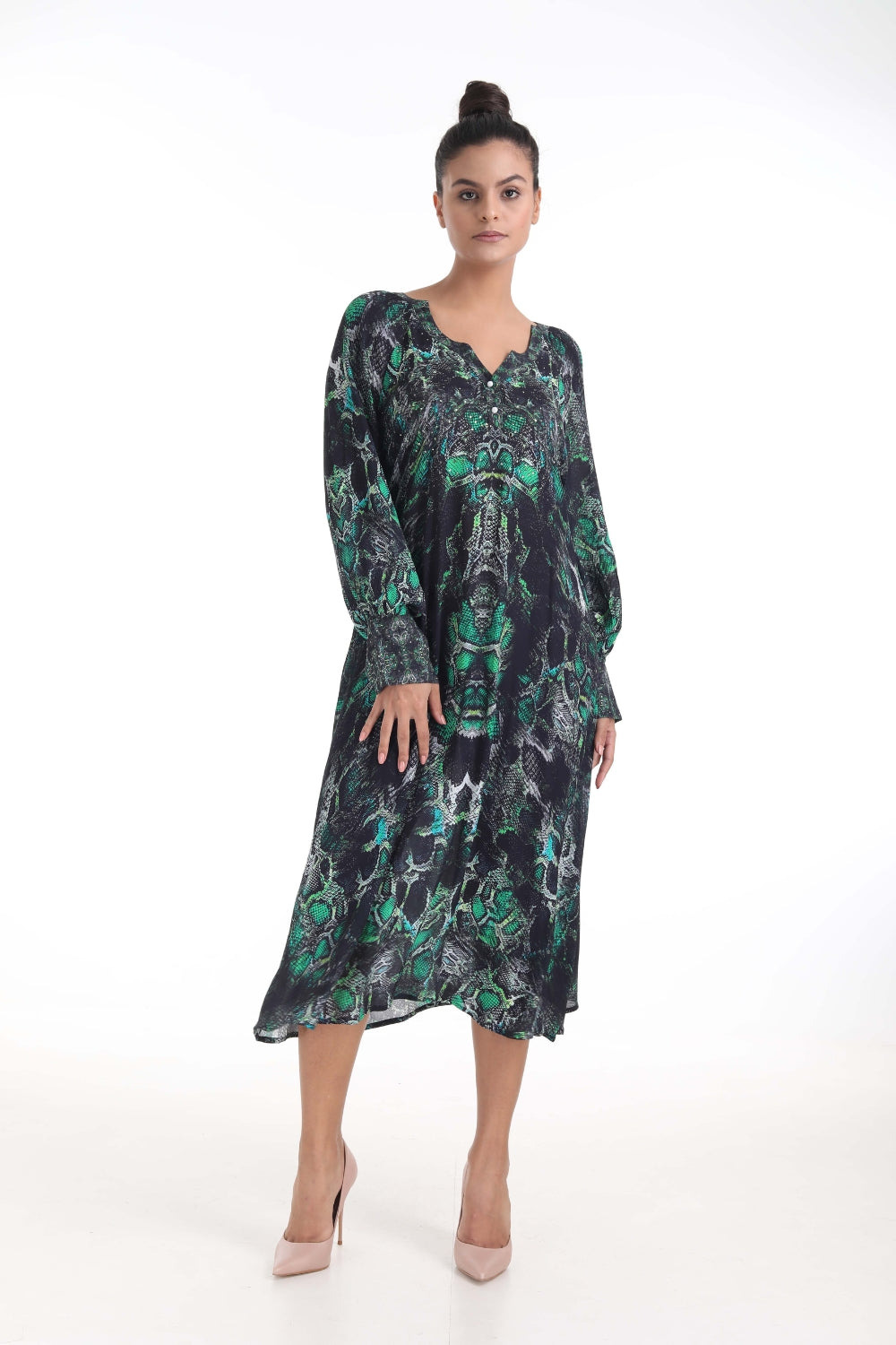 Front view of the Green, Yellow & Black Seraphin Cynthia Midi Dress (TheSwankStore) Soft Viscose fabric