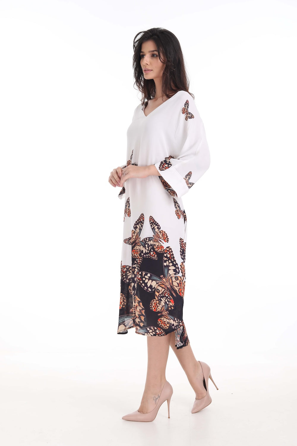 Side view of the Orange, White & Black Corasone Midi Dress With Short Sleeve (TheSwankStore) Soft Viscose fabric