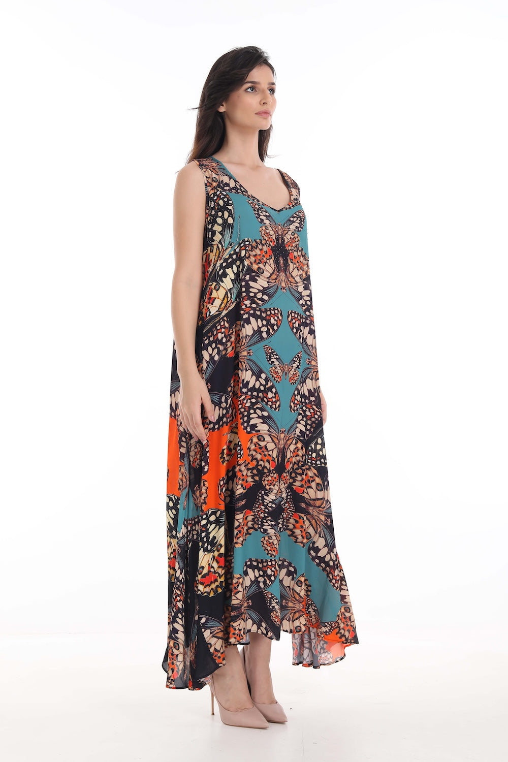 Side view of the Orange, White & Black Corasone Sleeveless Maxi Dress (TheSwankStore) Soft Viscose fabric
