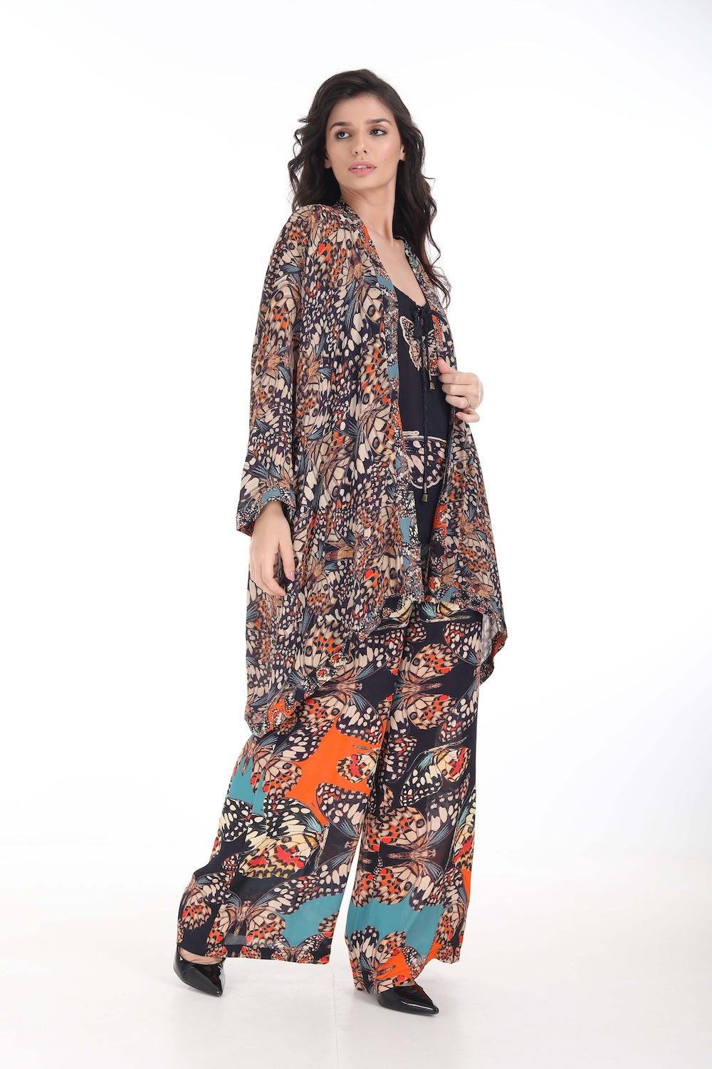 Front view of the Orange, White & Black Corasone Kimono Shrug (Short) (TheSwankStore) Soft Viscose fabric