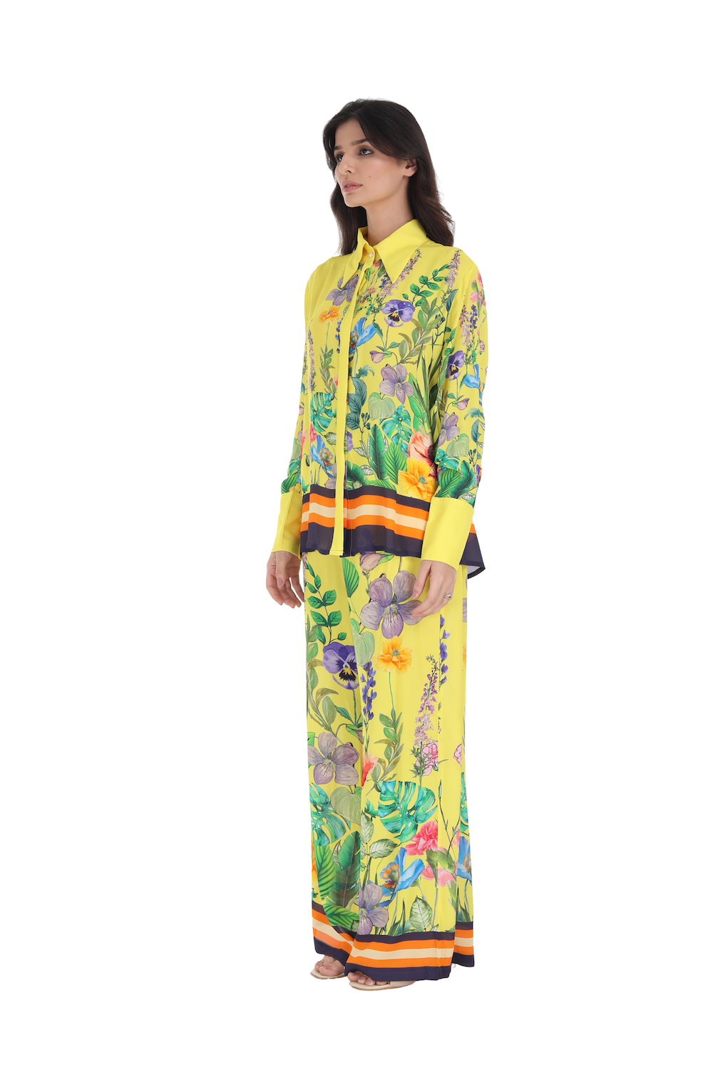 Side view of the yellow, green and black Calico Collar Shirt (TheSwankStore) 100% premium Viscose Crepe
