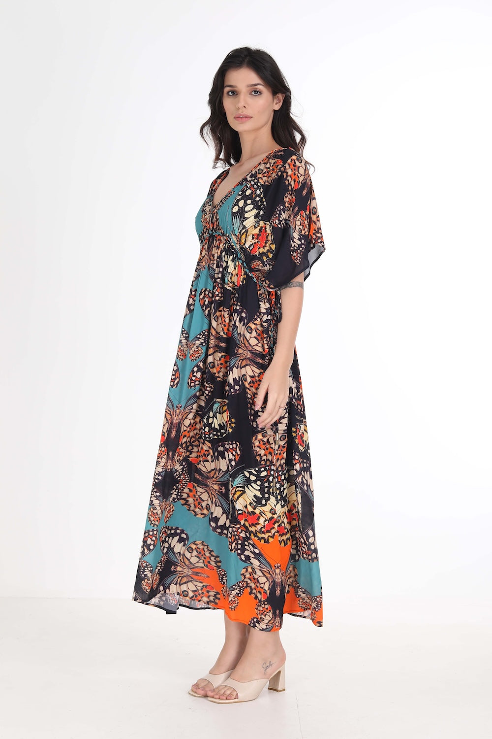 Side view of the Orange, White & Black Corasone Long Kaftan (TheSwankStore) Soft Viscose fabric