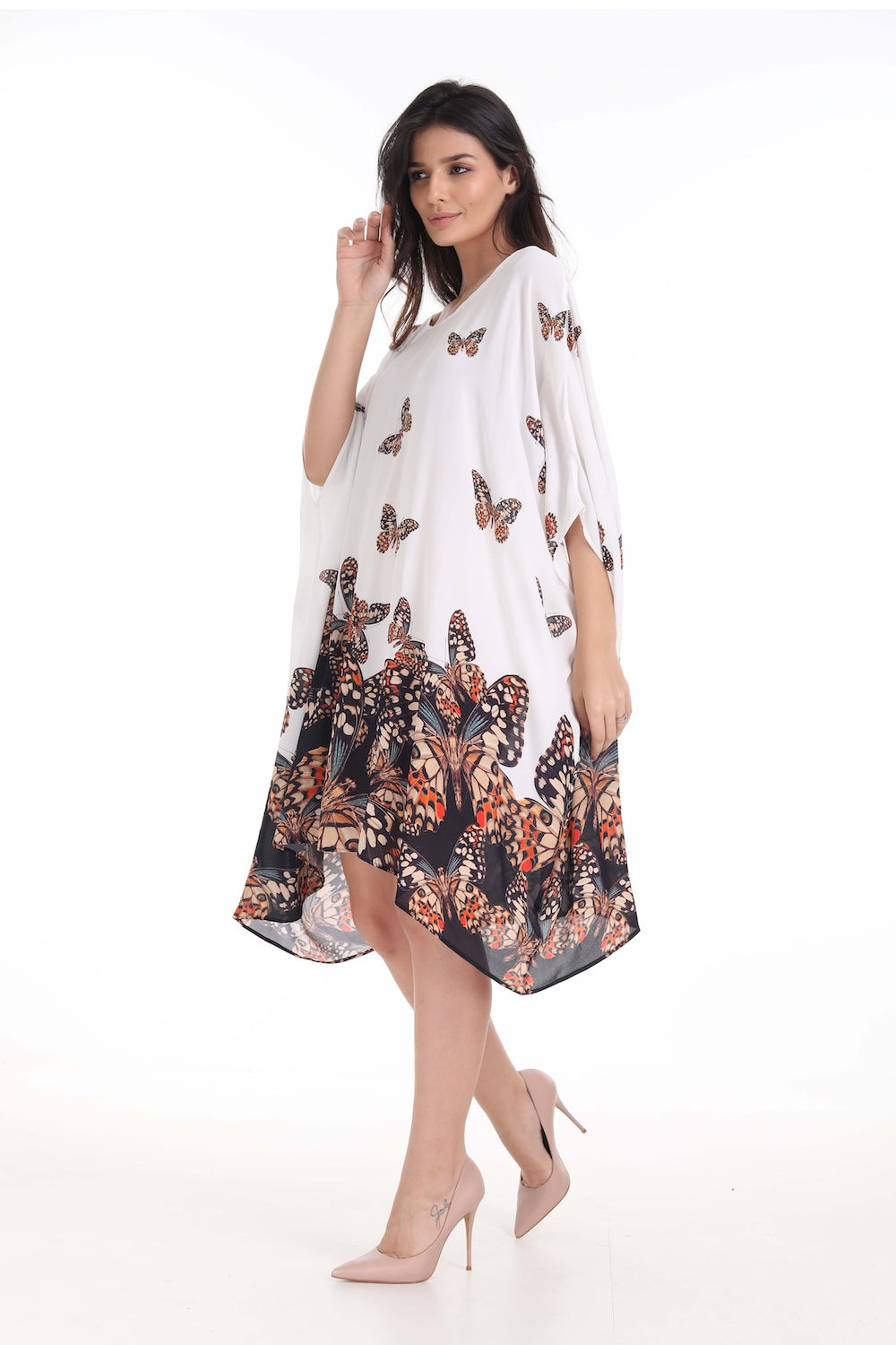 Front view of the Orange, White & Black Corasone Short Box Kaftan (TheSwankStore) Soft Viscose fabric