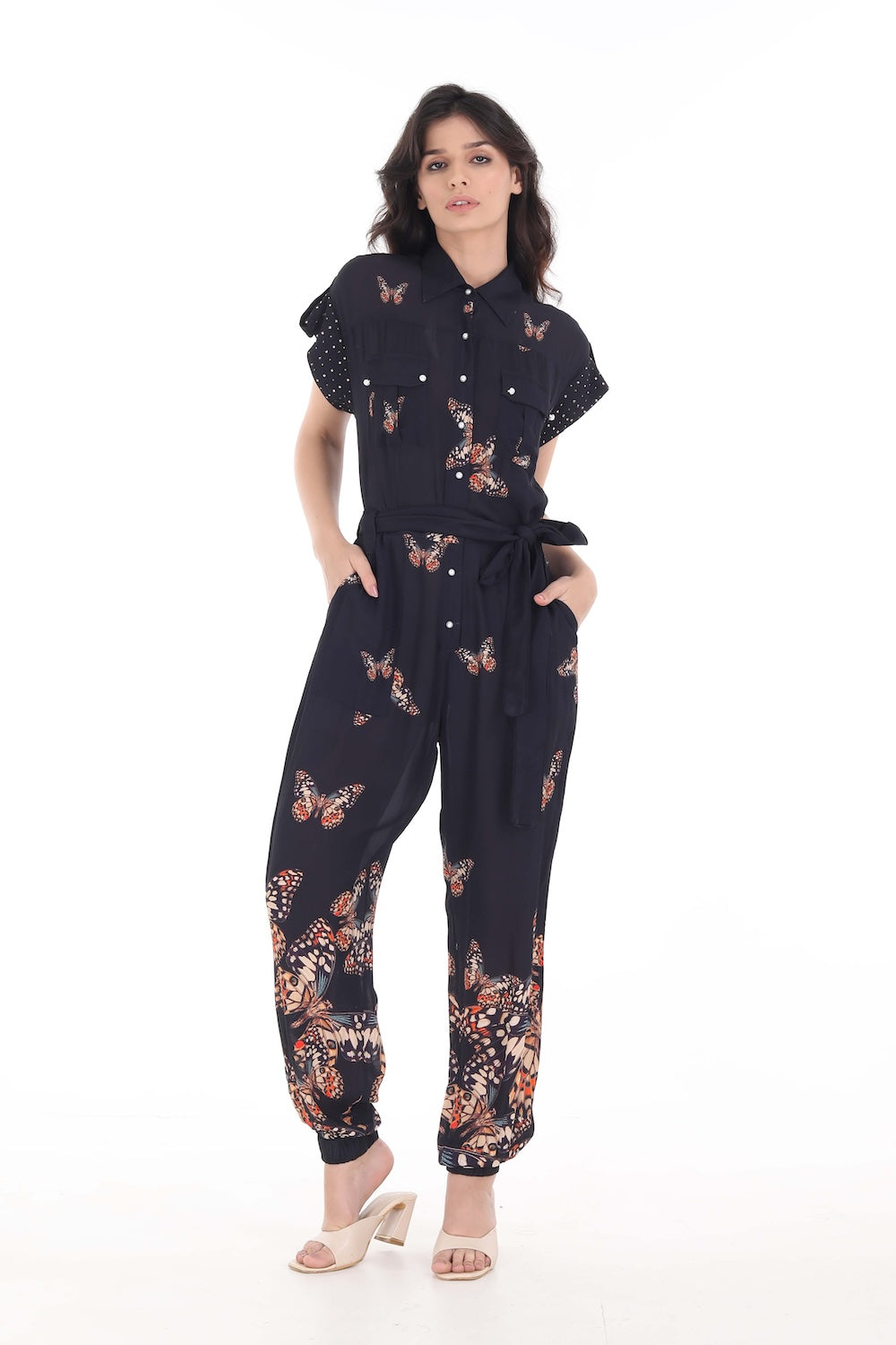 Front view of the Orange, White & Black Corasone Lena Jumpsuit (TheSwankStore) Soft Viscose fabric