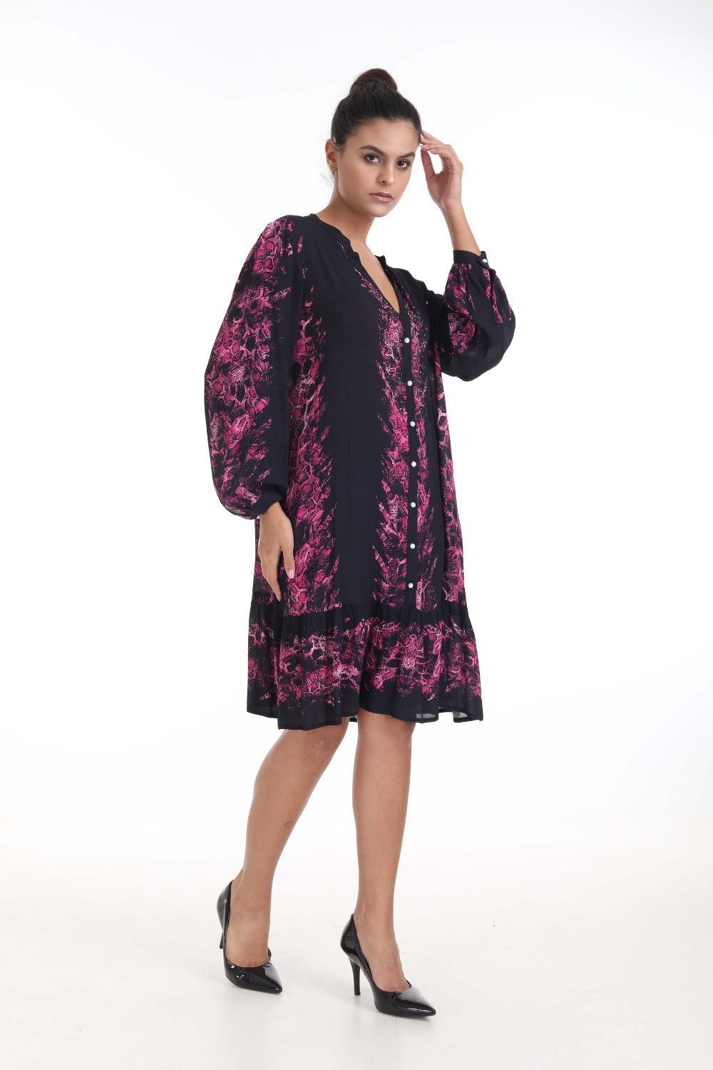 Side view of the Green, Yellow & Black Seraphin Ava Midi Dress (TheSwankStore) Soft Viscose fabric