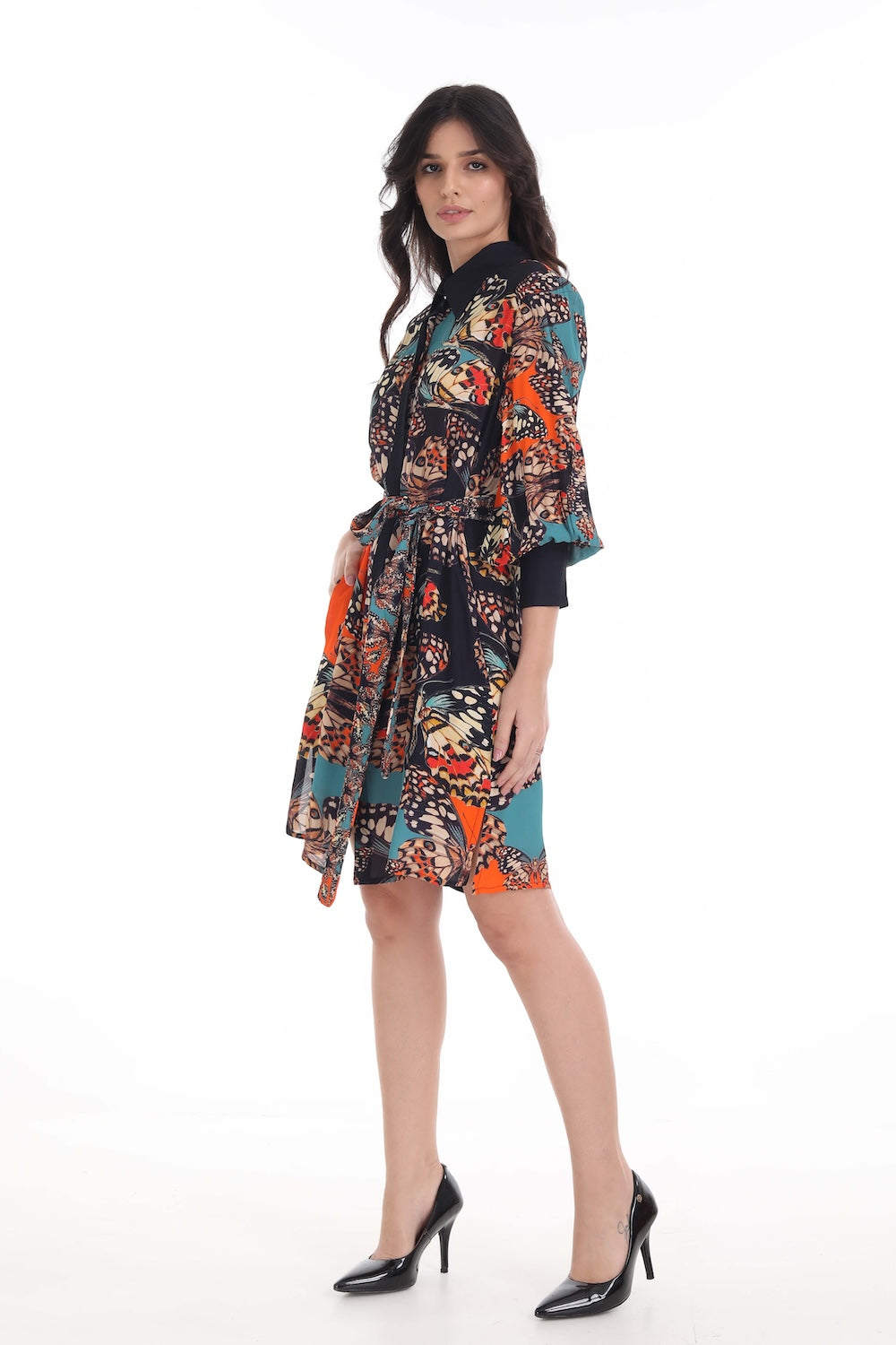 Side view of the Orange, White & Black Corasone Shirt Dress (TheSwankStore) Soft Viscose fabric
