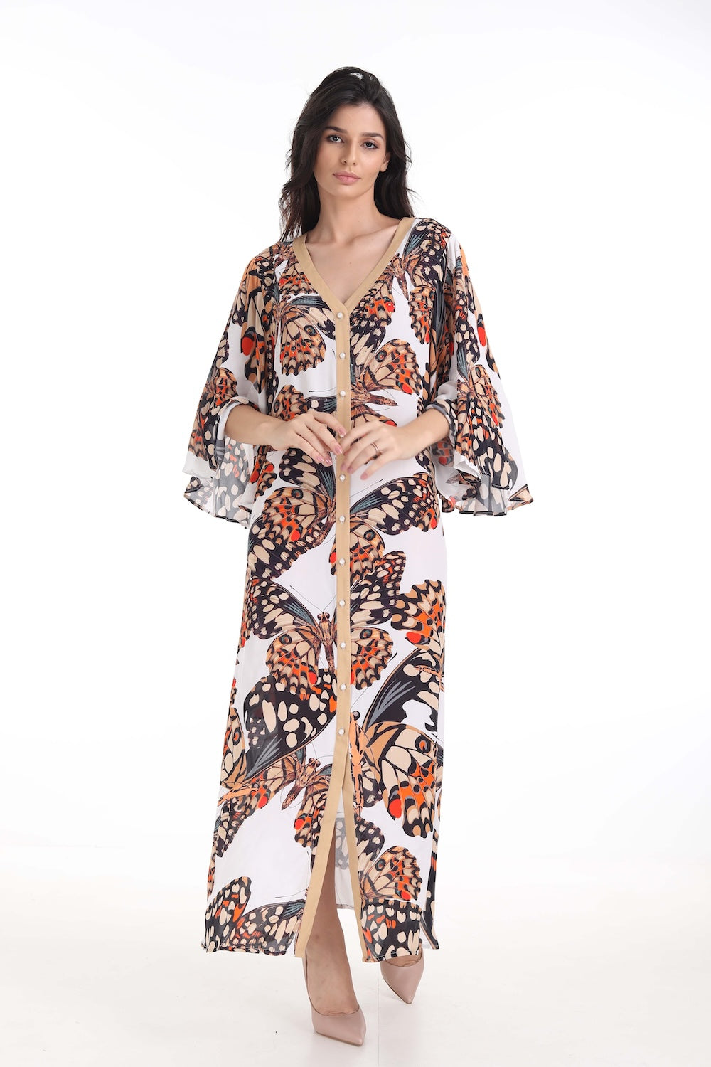 Front view of the Orange, White & Black Corasone Maxi Sun Dress (TheSwankStore) Soft Viscose fabric