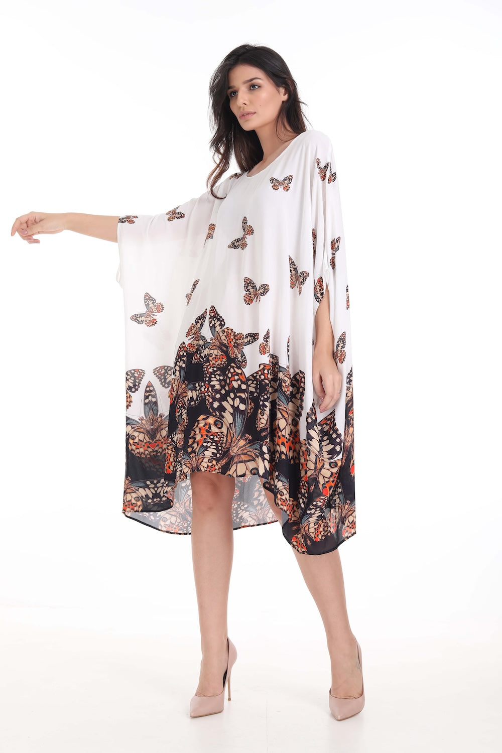 Front view of the Orange, White & Black Corasone Short Box Kaftan (TheSwankStore) Soft Viscose fabric