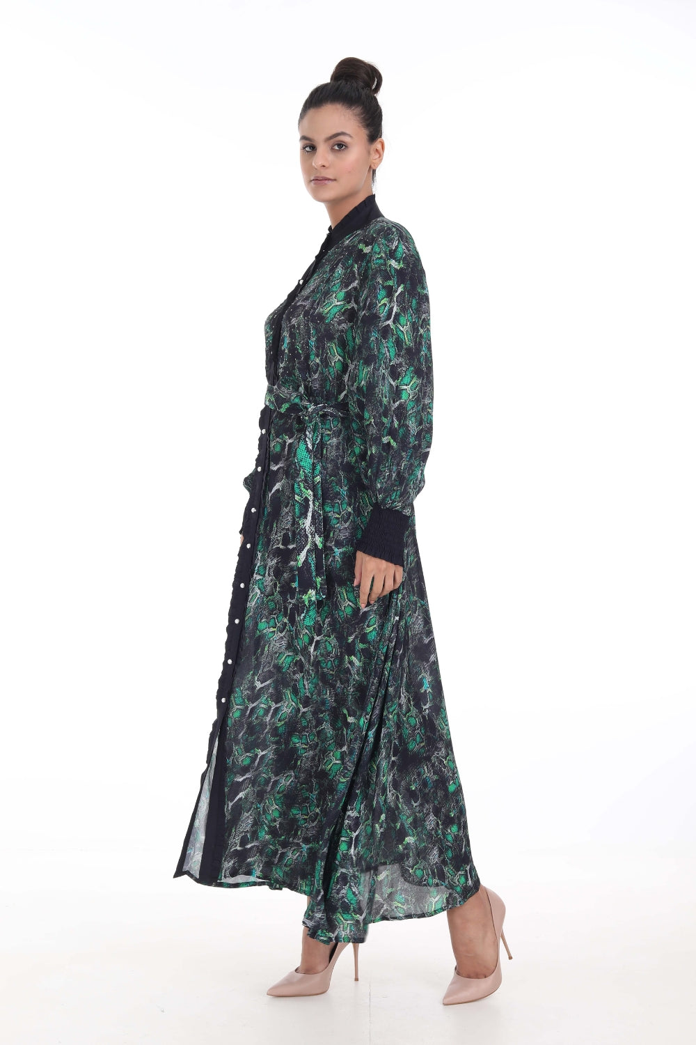 Side view of the Green, Yellow & Black Seraphin Freya Maxi Dress (TheSwankStore) Soft Viscose fabric
