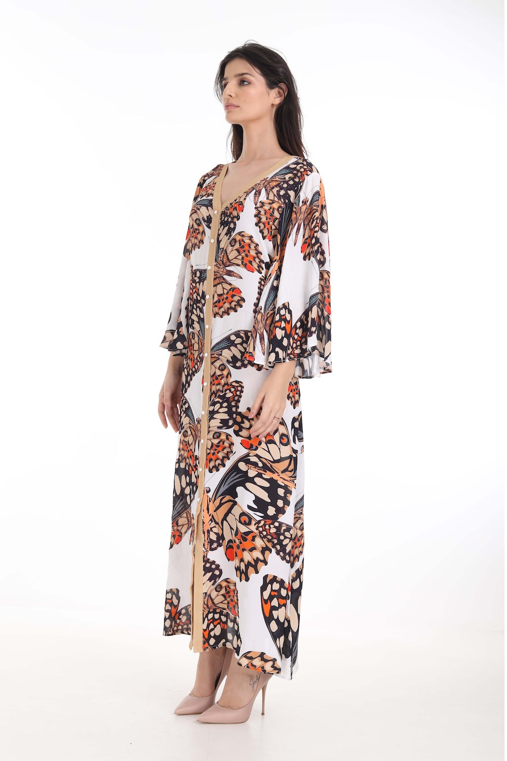 Side view of the Orange, White & Black Corasone Maxi Sun Dress (TheSwankStore) Soft Viscose fabric