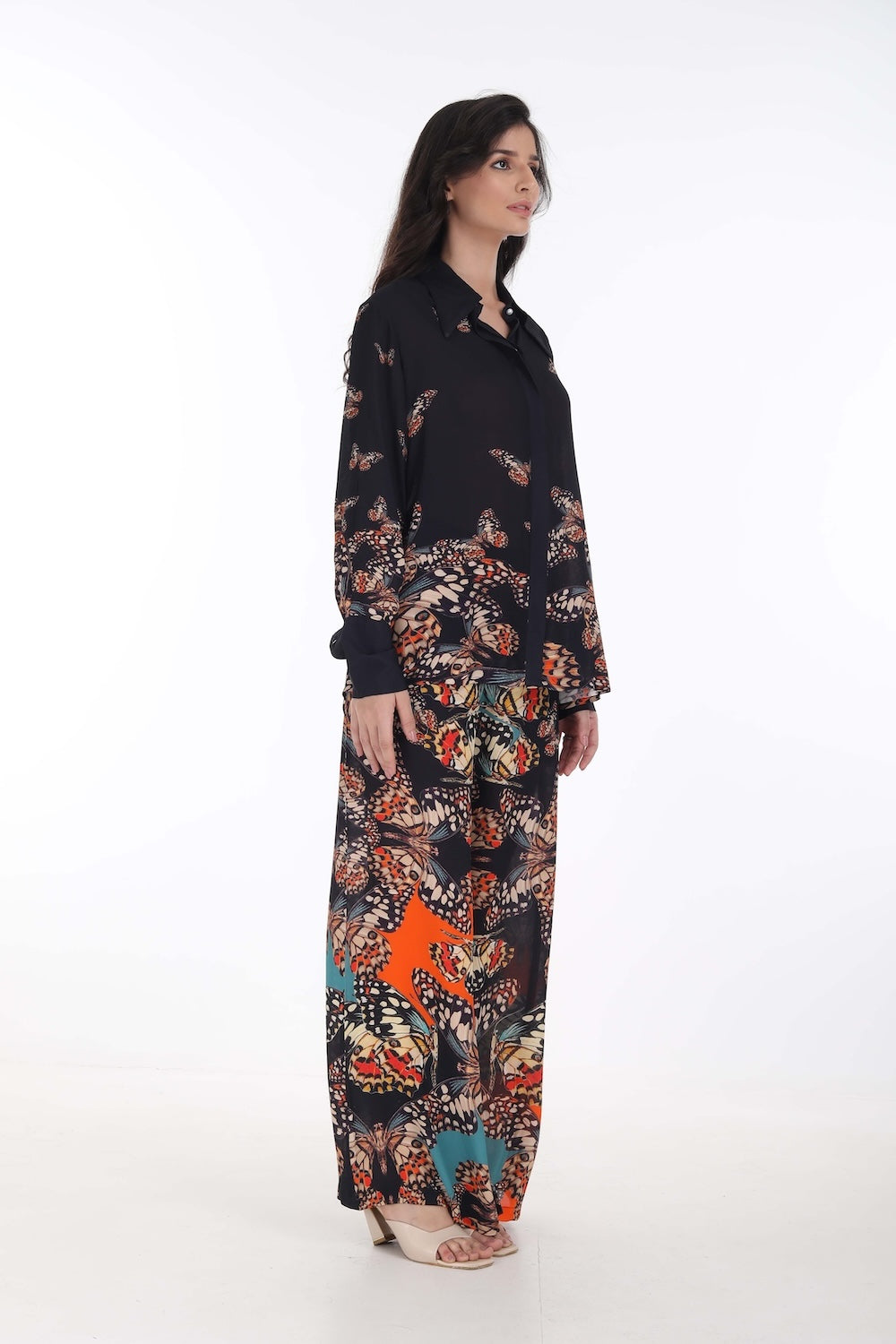 Side view of the Orange, White & Black Corasone Collar Shirt (TheSwankStore) Soft Viscose fabric