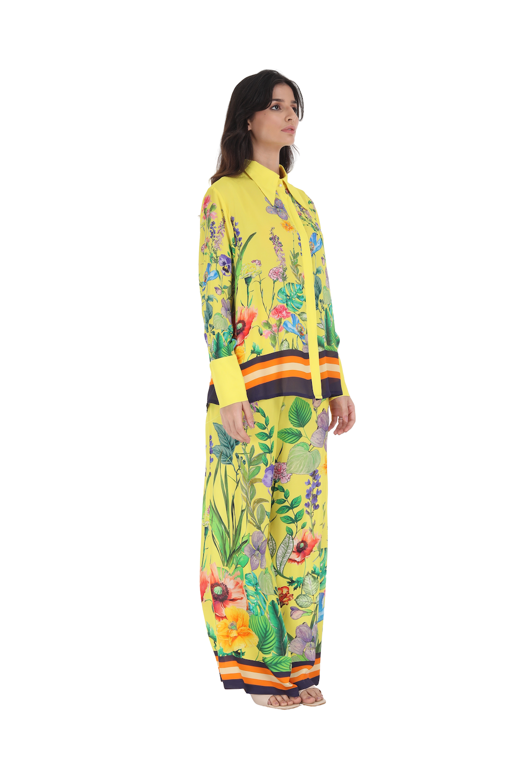 Side view of the yellow, green and black Calico Collar Shirt (TheSwankStore) 100% premium Viscose Crepe

