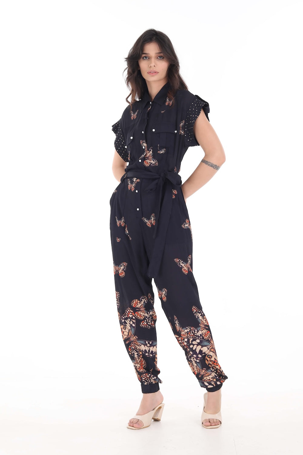 Front view of the Orange, White & Black Corasone Lena Jumpsuit (TheSwankStore) Soft Viscose fabric