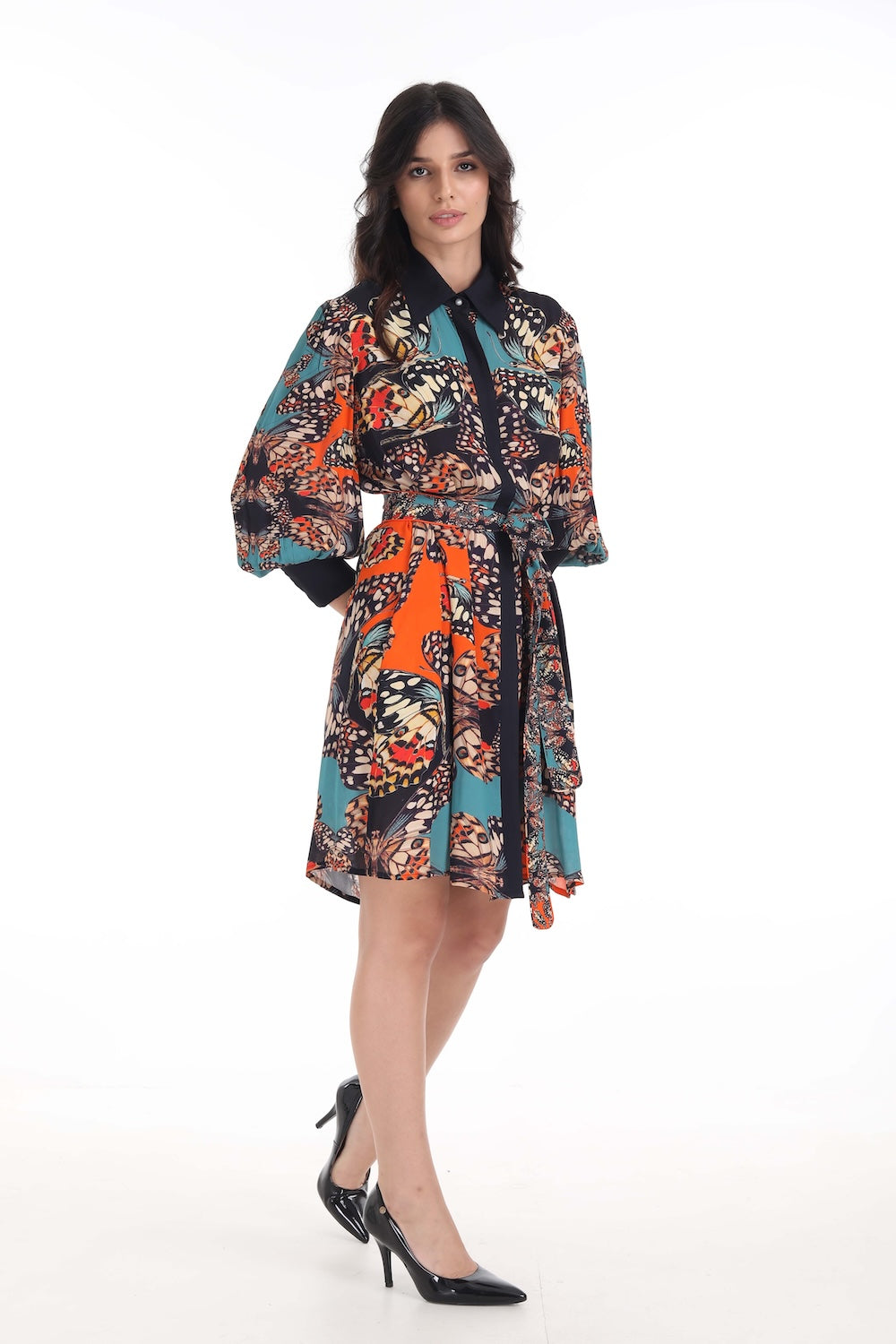 Front view of the Orange, White & Black Corasone Shirt Dress (TheSwankStore) Soft Viscose fabric