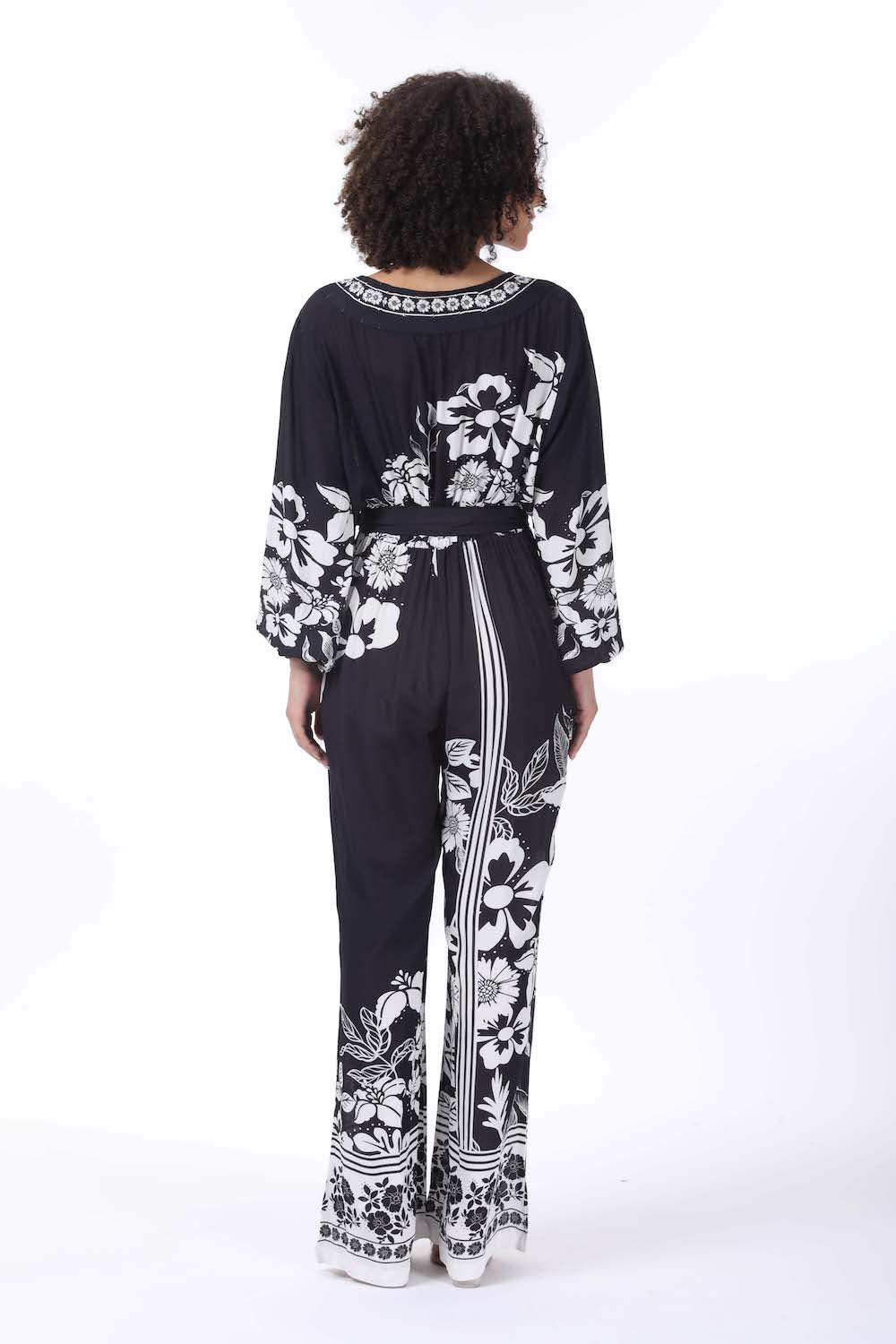 Back view of the black and white Avanti Luxe Jumpsuit (TheSwankStore) Viscose fabric