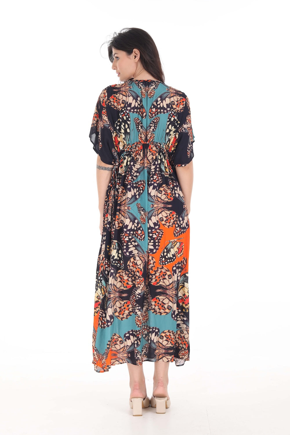 Back view of the Orange, White & Black Corasone Long Kaftan (TheSwankStore) Soft Viscose fabric