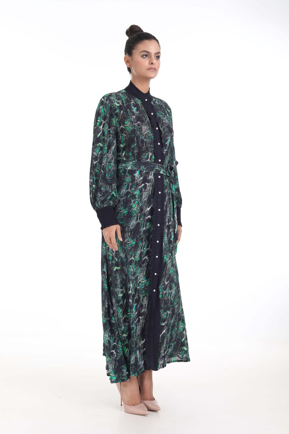 Side view of the Green, Yellow & Black Seraphin Freya Maxi Dress (TheSwankStore) Soft Viscose fabric