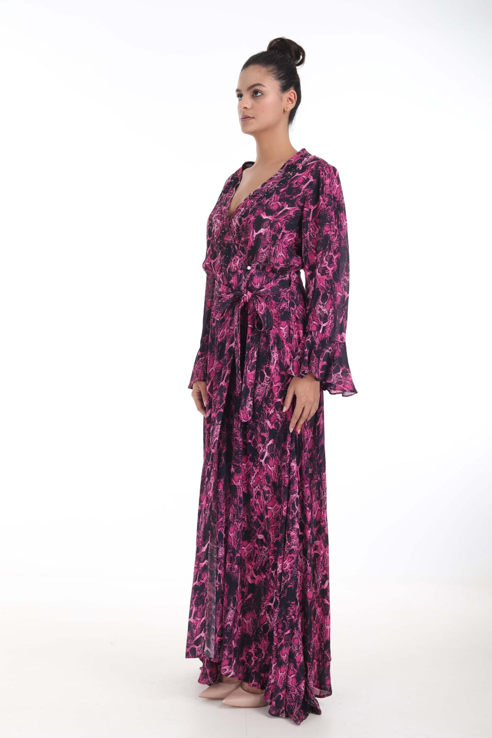 Side view of the Green, Yellow & Pink Seraphin Maxi Robe Dress (TheSwankStore) Soft Viscose fabric