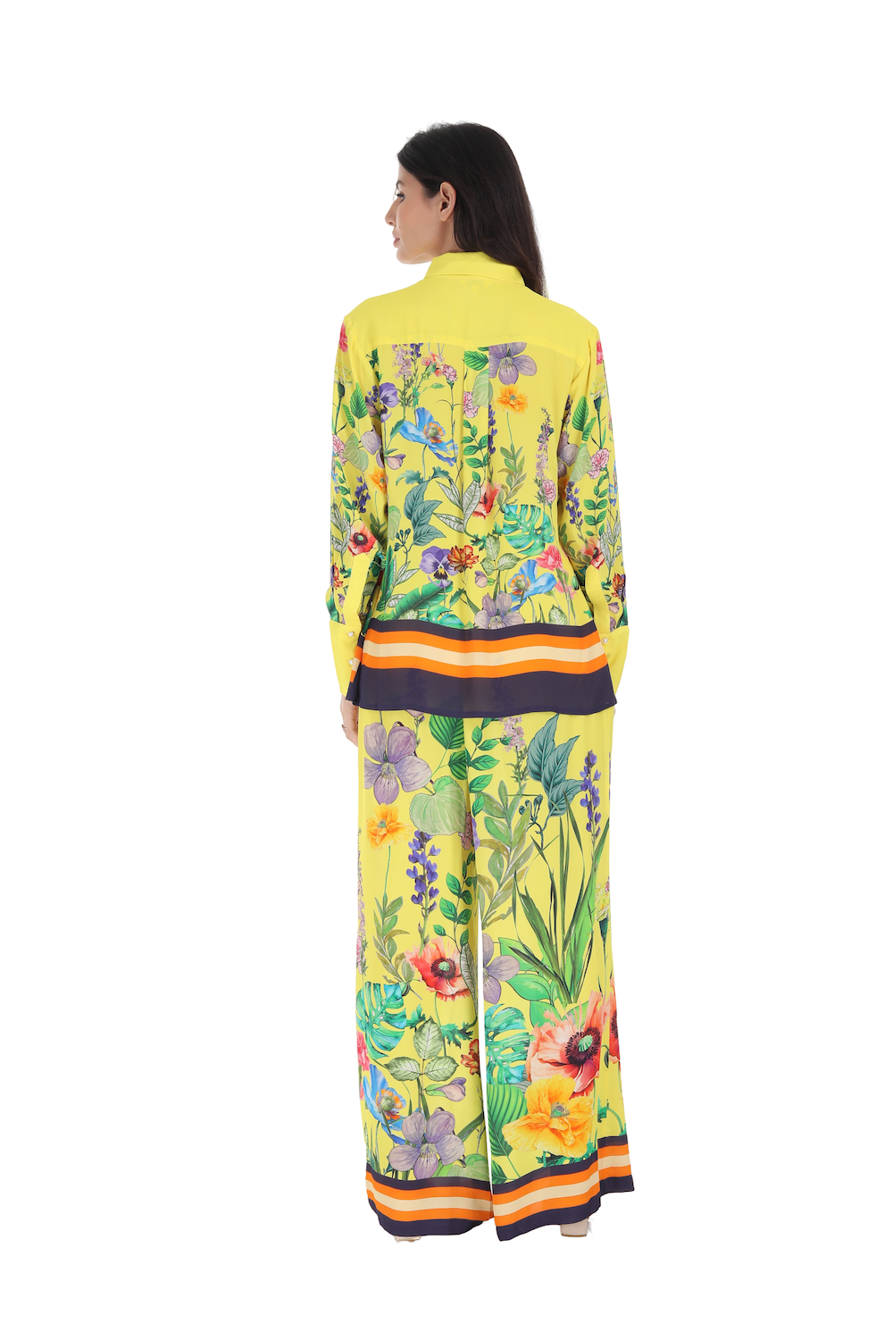 Back view of the yellow, green and black Calico Collar Shirt (TheSwankStore) 100% premium Viscose Crepe
