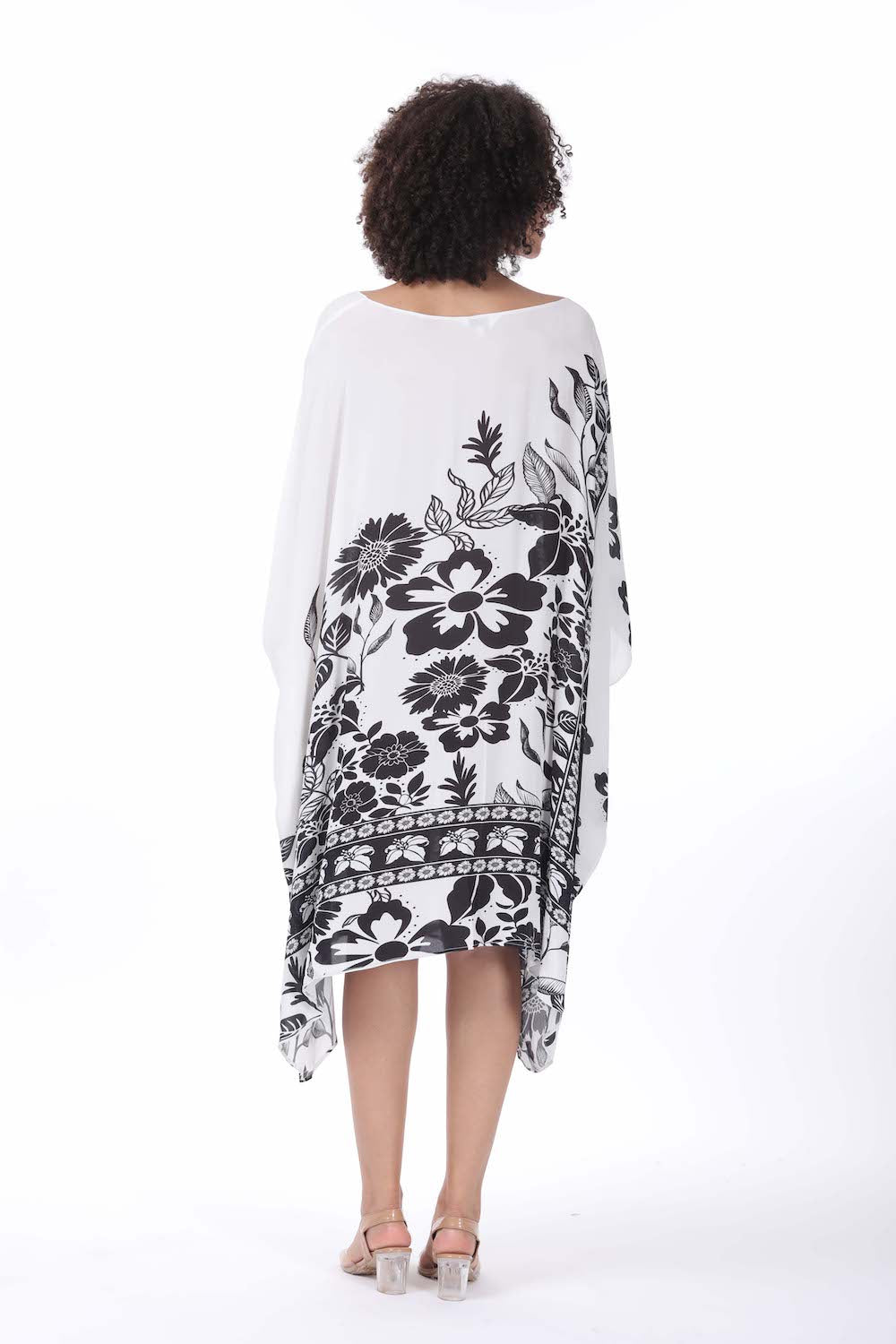 Back view of the black and white Avanti Short Box Kaftan (TheSwankStore) Viscose Crepe fabric
