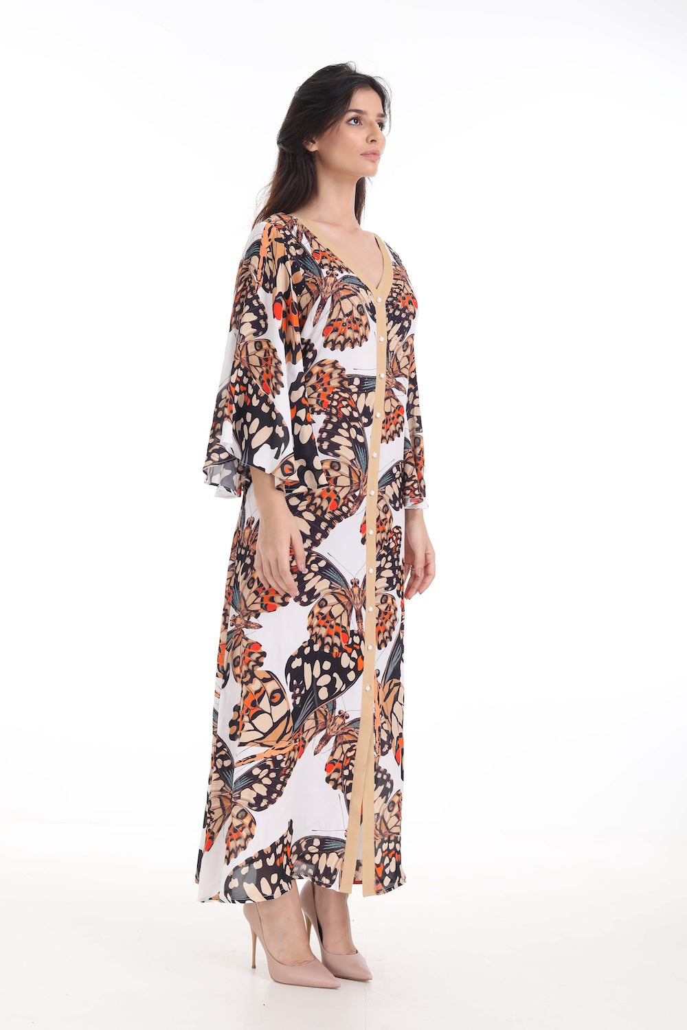 Side view of the Orange, White & Black Corasone Maxi Sun Dress (TheSwankStore) Soft Viscose fabric