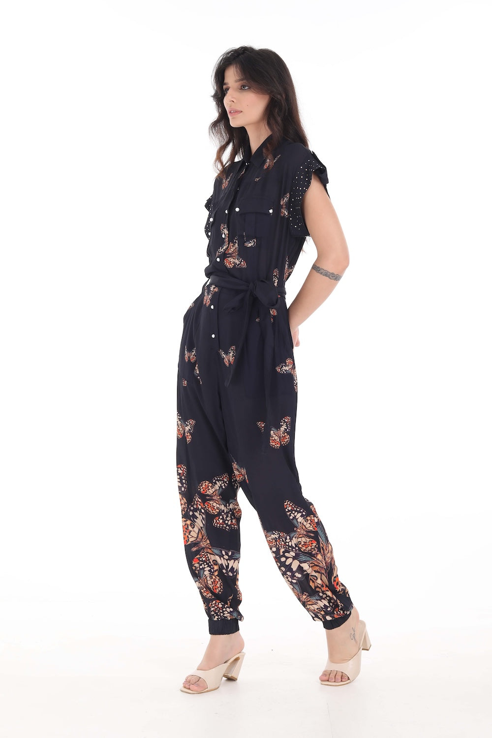 Front view of the Orange, White & Black Corasone Lena Jumpsuit (TheSwankStore) Soft Viscose fabric
