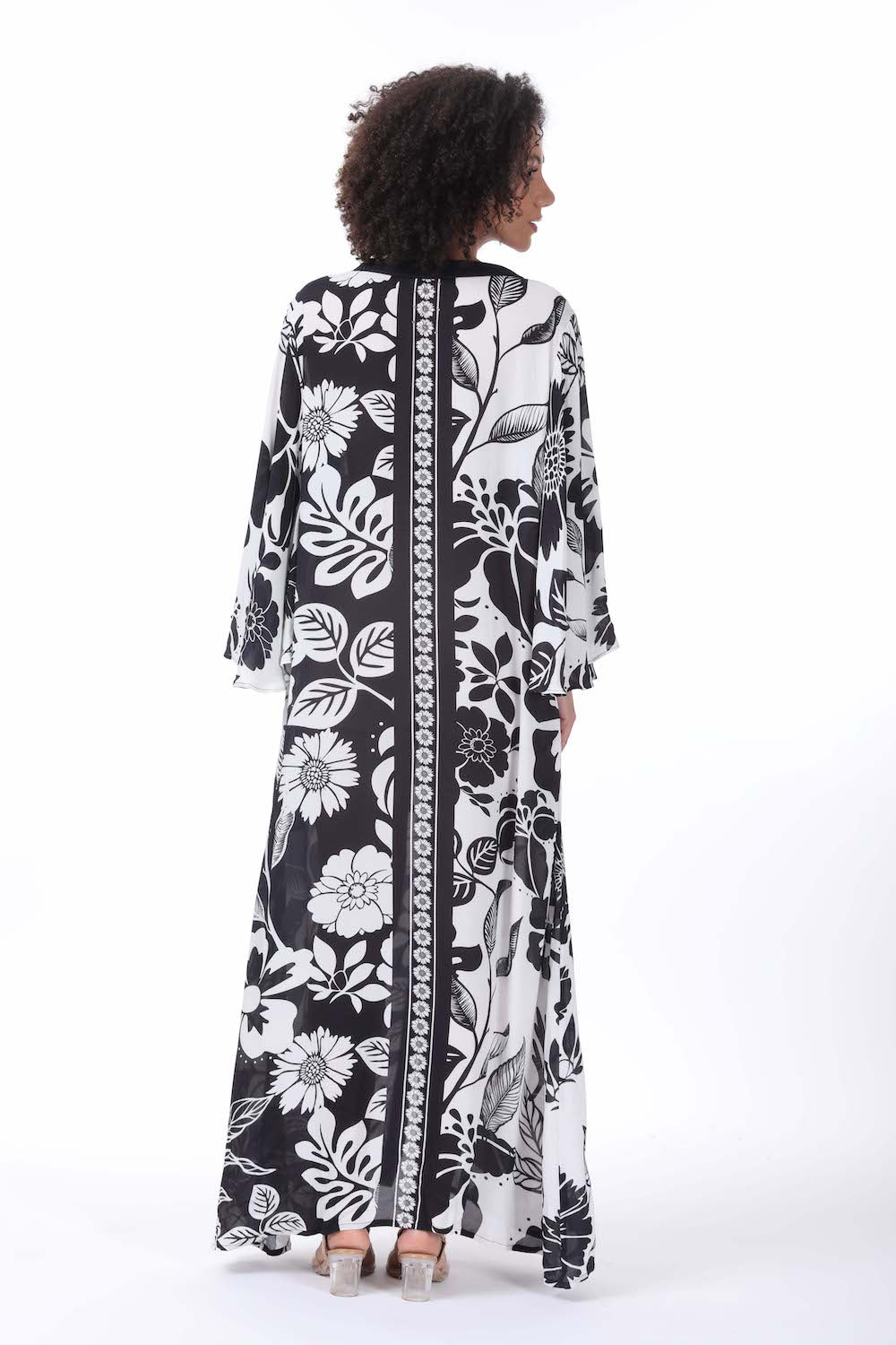 Back view of the black and white Avanti Maxi Sun Dress (TheSwankStore) Viscose Crepe fabric