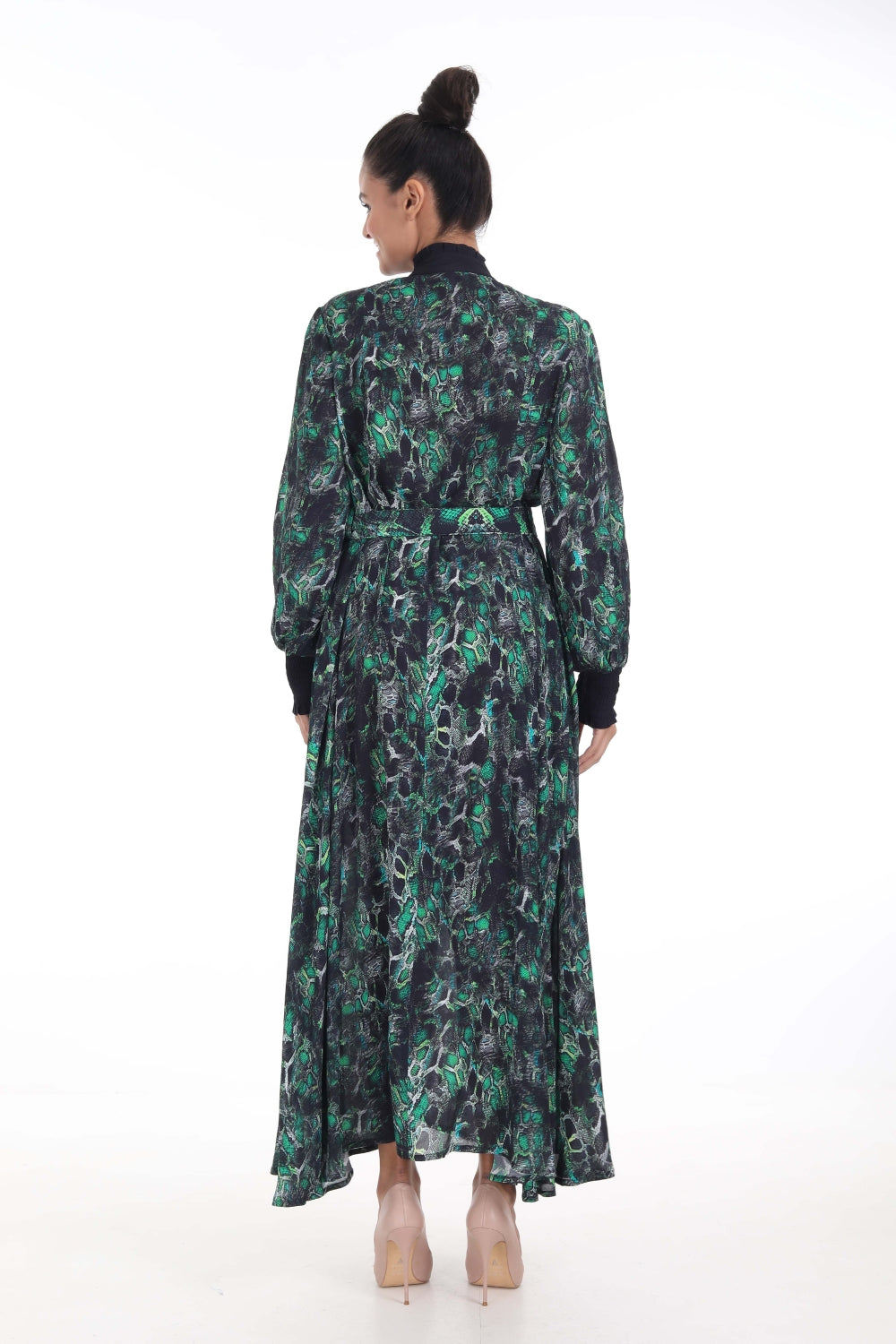 Back view of the Green, Yellow & Black Seraphin Freya Maxi Dress (TheSwankStore) Soft Viscose fabric