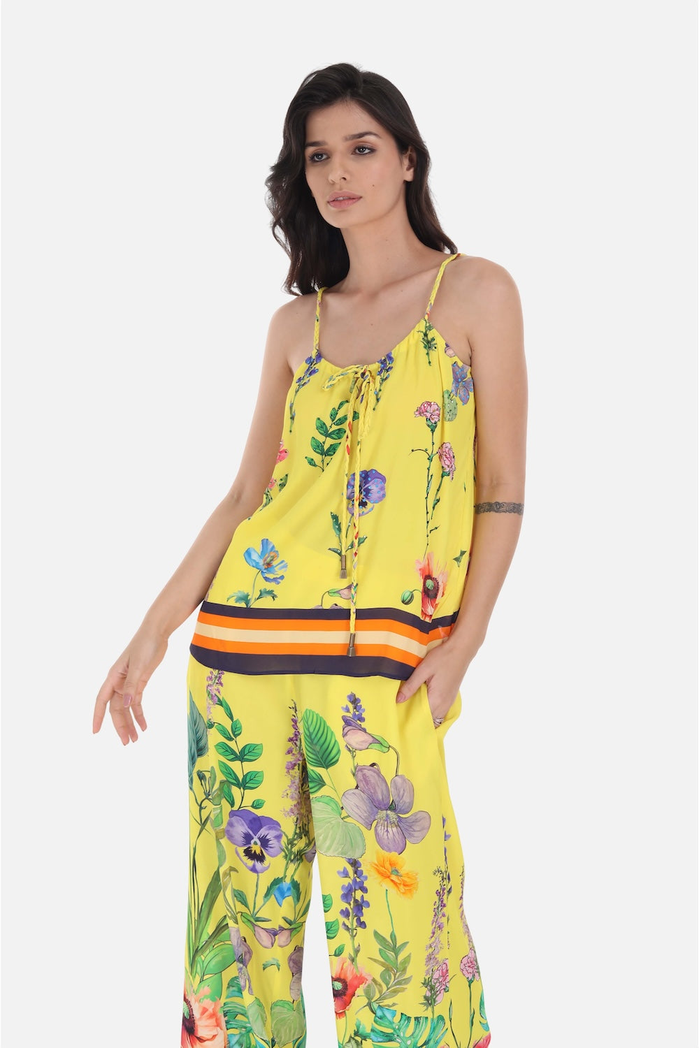 Yellow, green and black Calico Cami Top  (TheSwankStore) Viscose Crepe fabric
