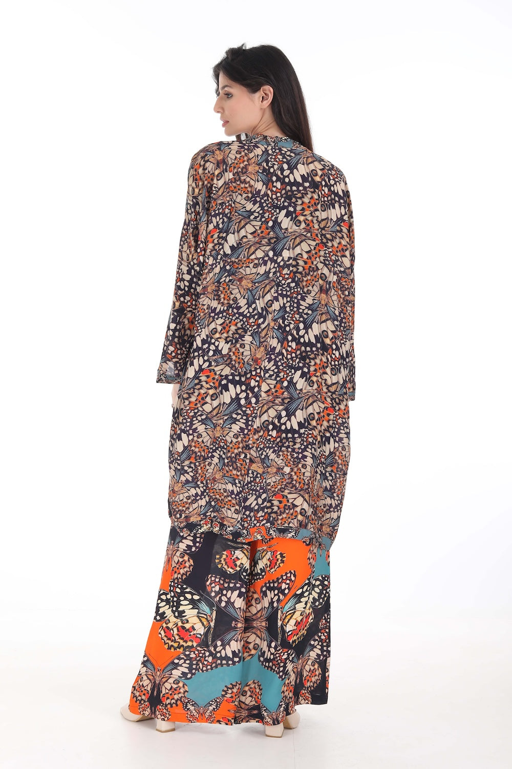 Back view of the Orange, White & Black Corasone Kimono Shrug (Short) (TheSwankStore) Soft Viscose fabric