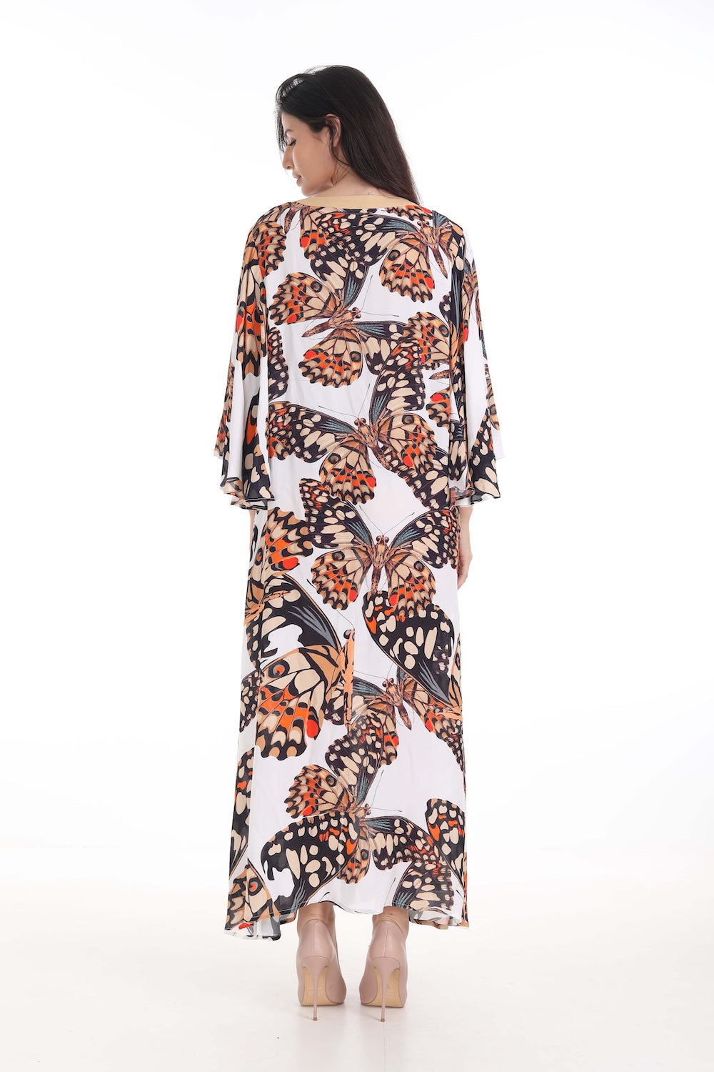 Back view of the Orange, White & Black Corasone Maxi Sun Dress (TheSwankStore) Soft Viscose fabric