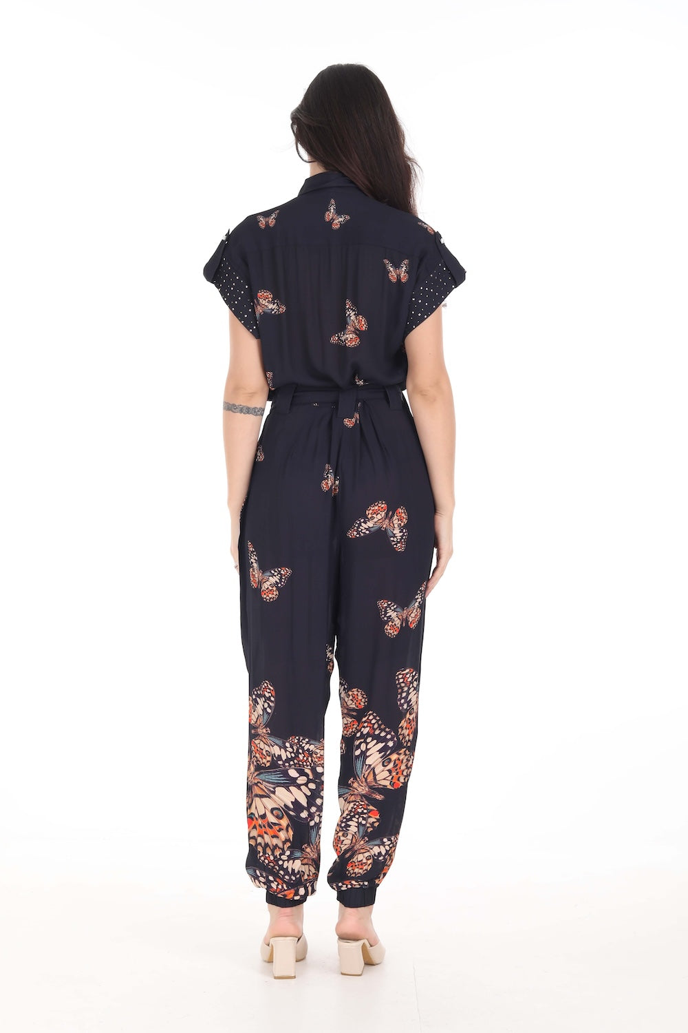 Back view of the Orange, White & Black Corasone Lena Jumpsuit (TheSwankStore) Soft Viscose fabric