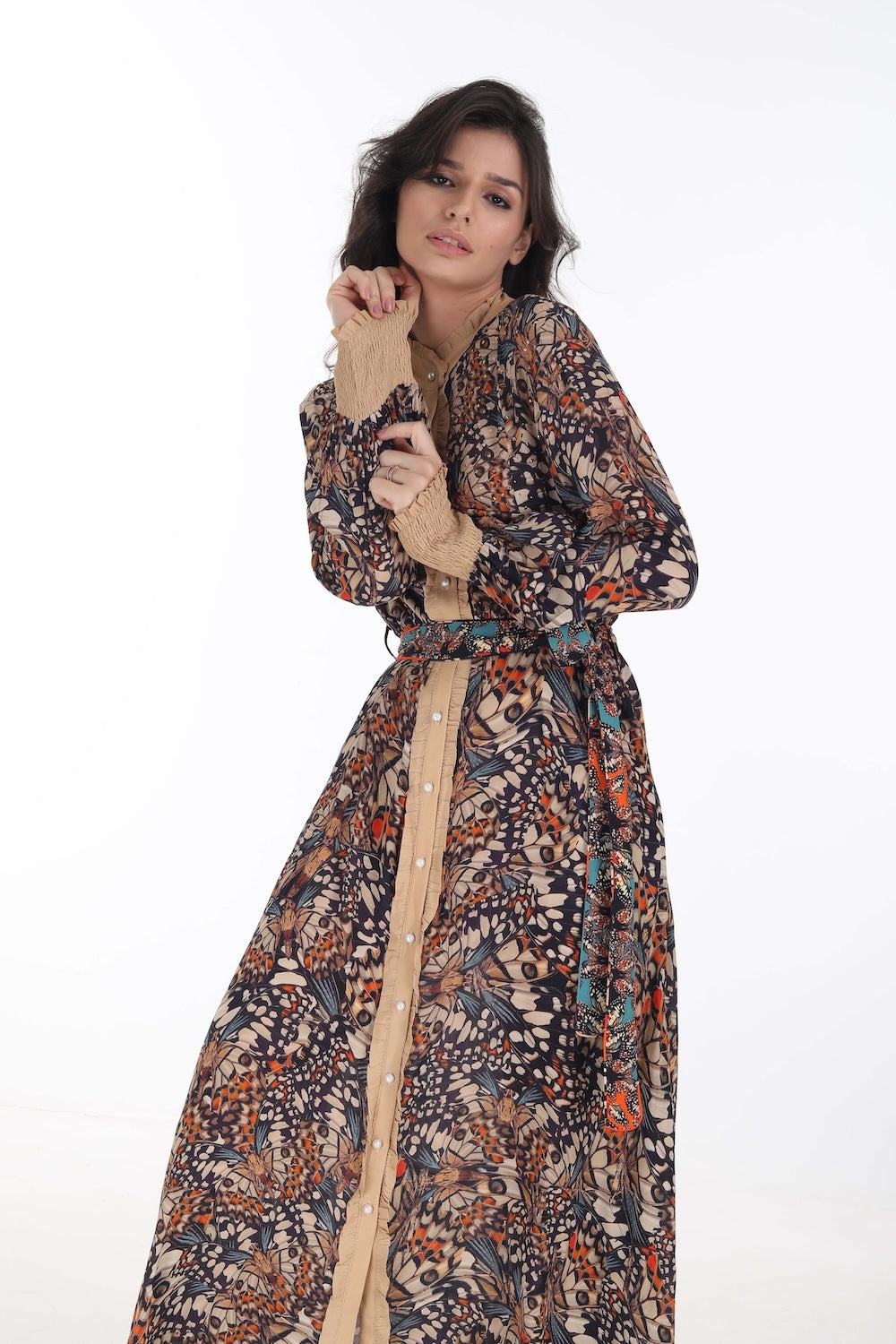 Front view of the Orange, White & Black Corasone Long Freya Dress (TheSwankStore) Soft Viscose fabric