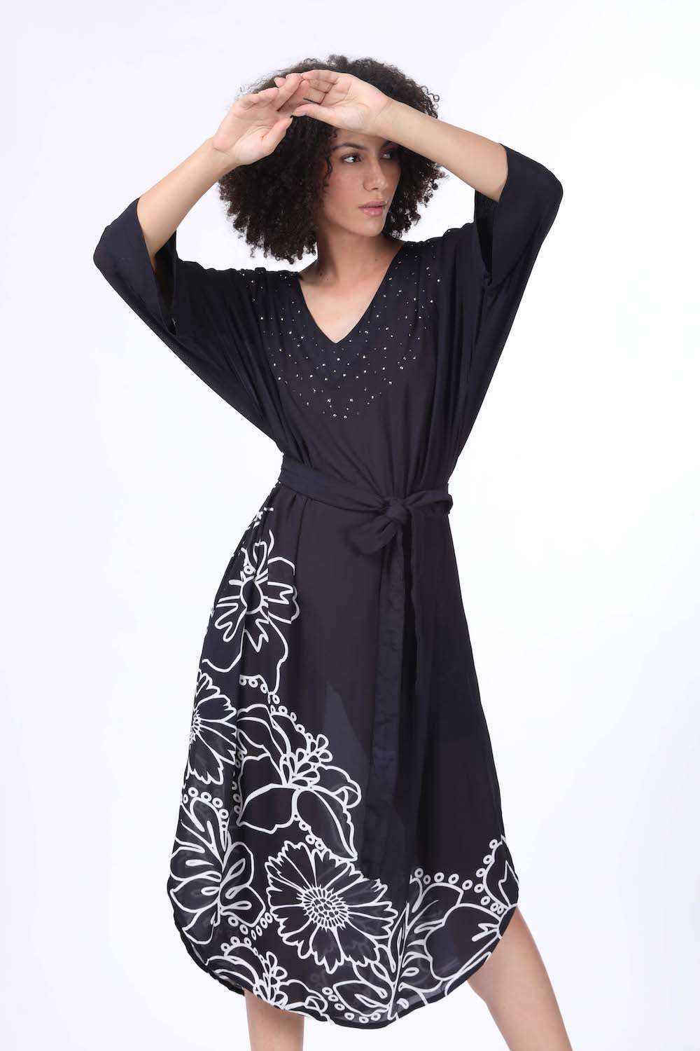 Black and white Avanti Midi Dress with Short Sleeve (TheSwankStore) Viscose Crepe fabric