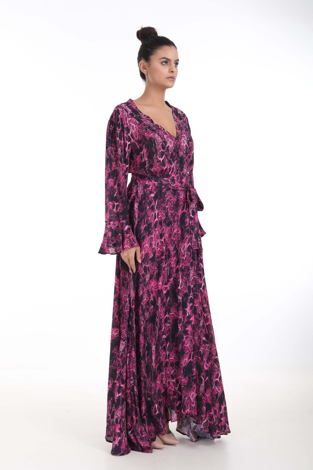 Side view of the Green, Yellow & Pink Seraphin Maxi Robe Dress (TheSwankStore) Soft Viscose fabric